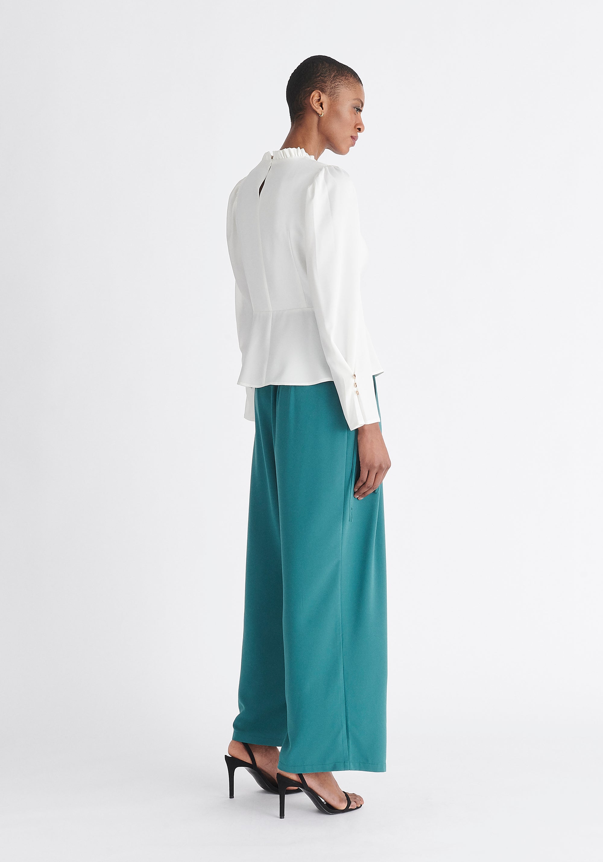 Paisie Pleated Collar Satin Blouse in White Back