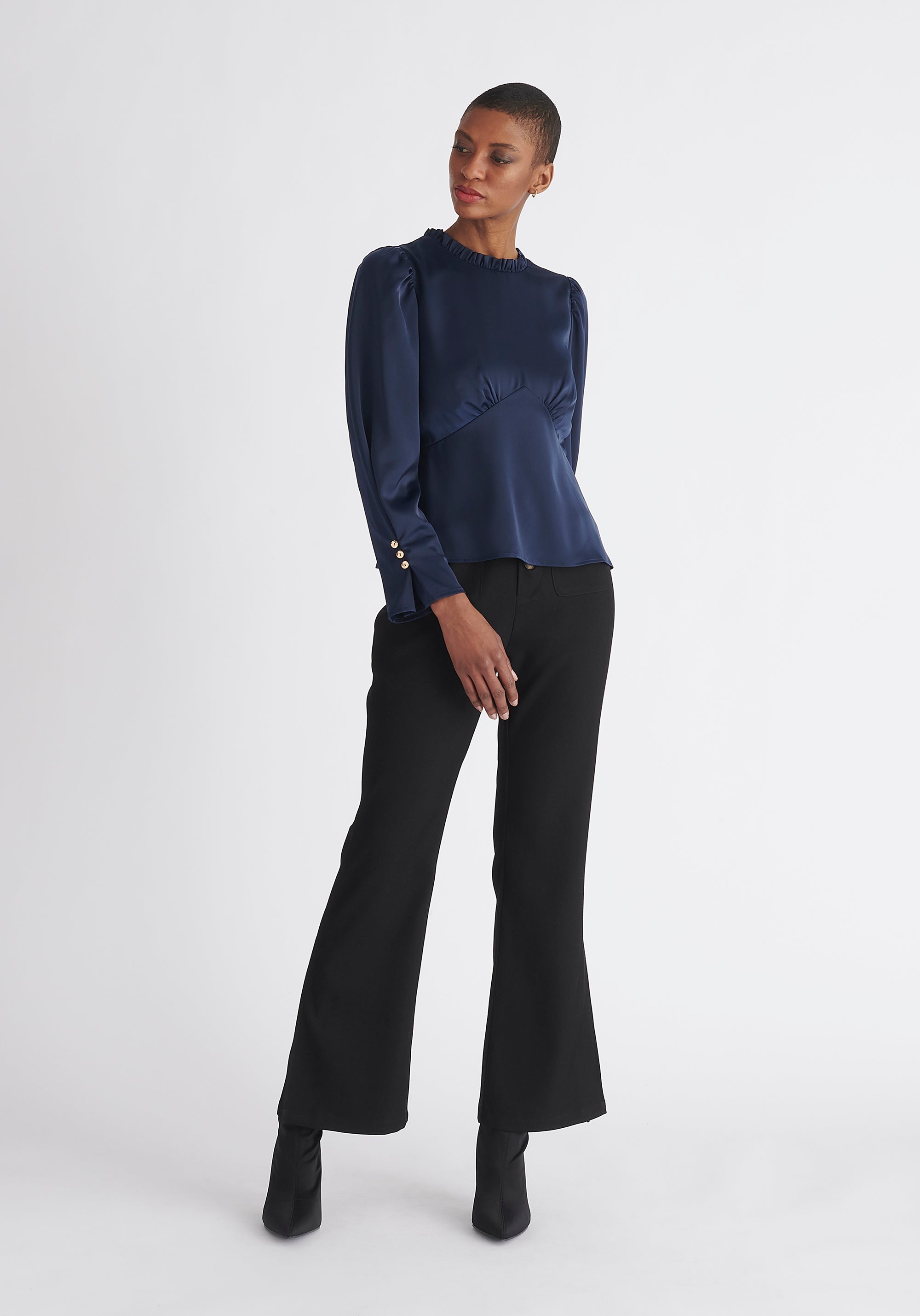 Paisie Pleated Collar Satin Blouse in Navy