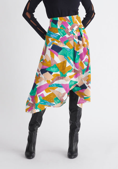 Paisie Multicolour Asymmetric Geometrical Print Skirt