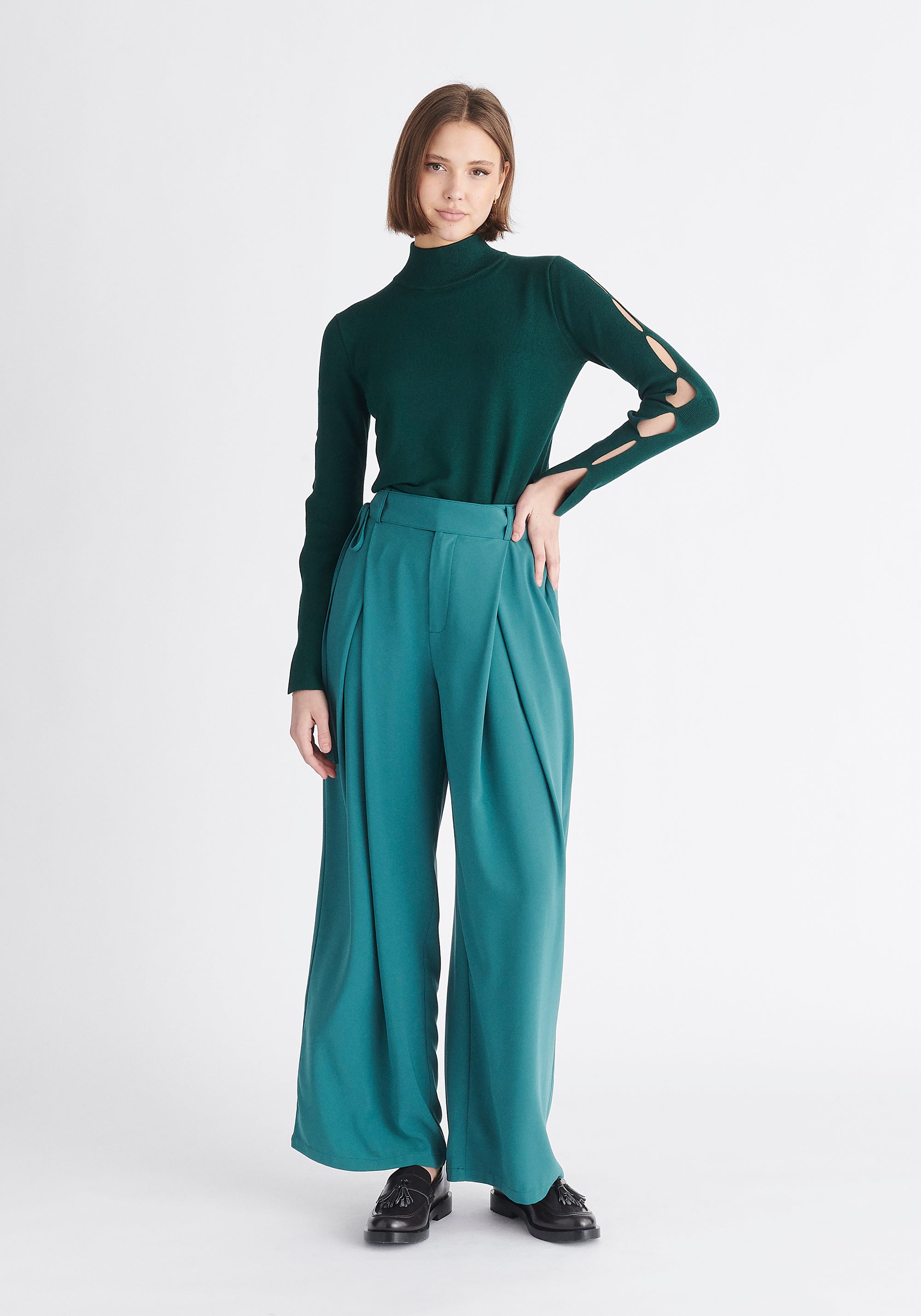 Paisie Pleated High Waist Trousers in Teal