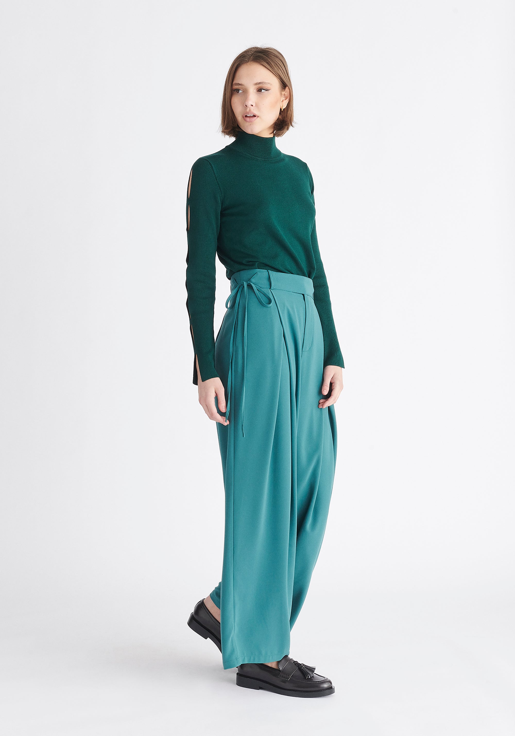 Paisie Pleated High Waist Trousers in Teal