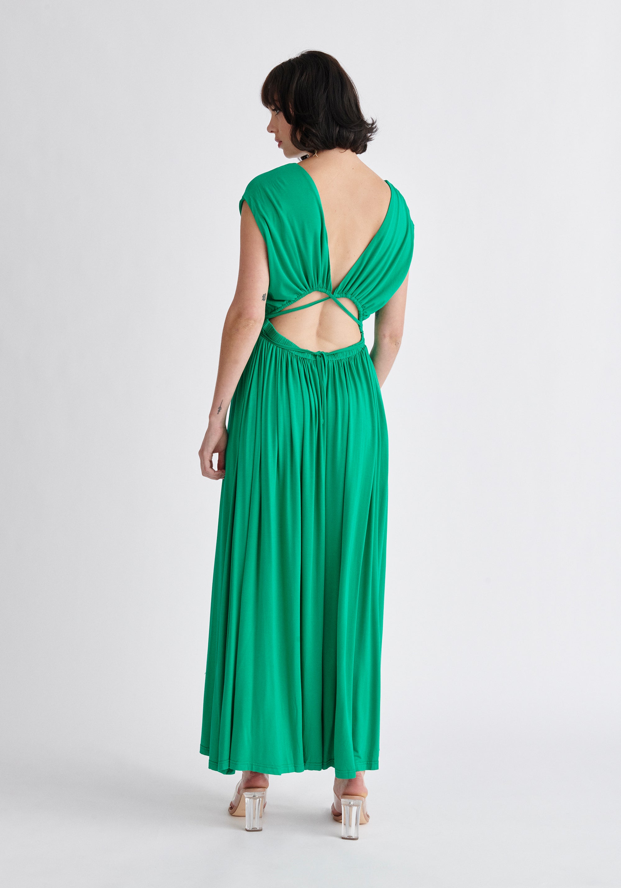 Paisie Tie-Back Jersey Dress in Green Back