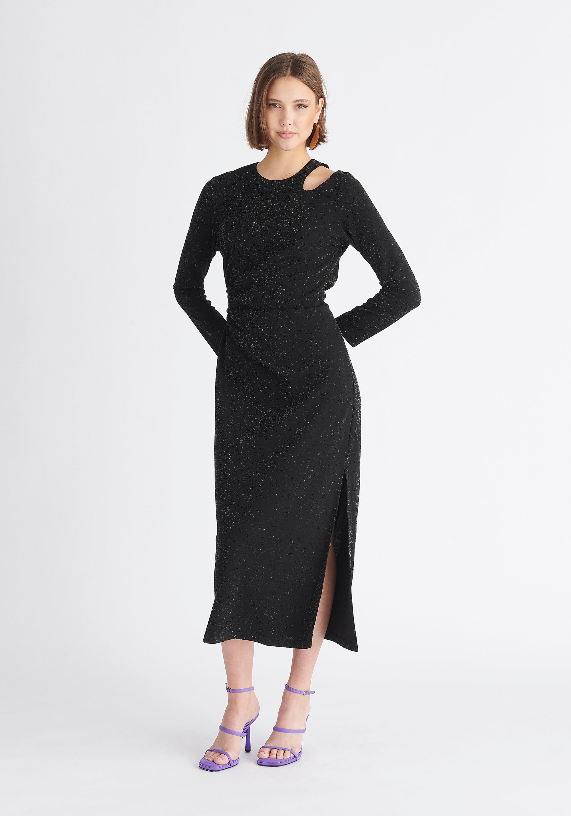 Paisie Sparkly Cut Out Dress in Black