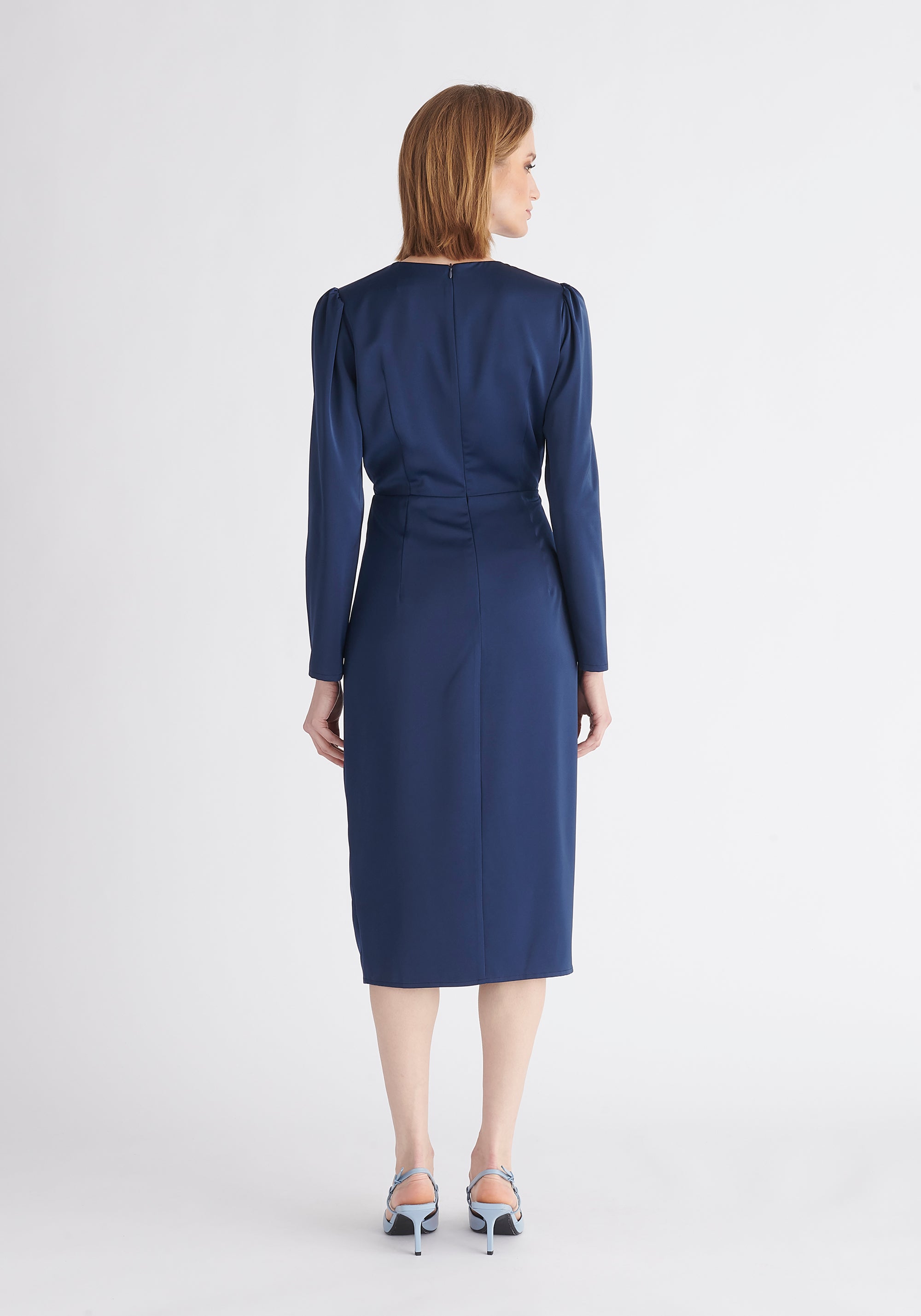 Satin V-Neck Dress in Navy Back