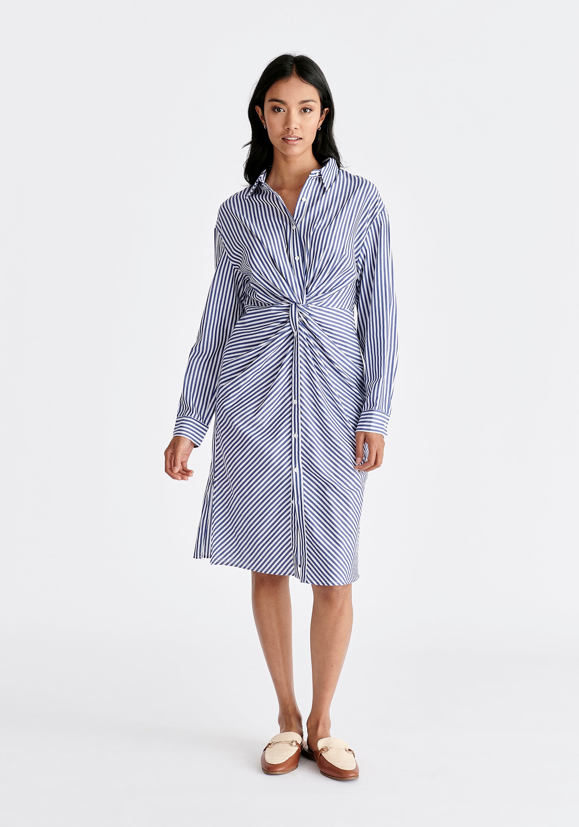 Twist Detail Shirt Dress in Dark Blue and White