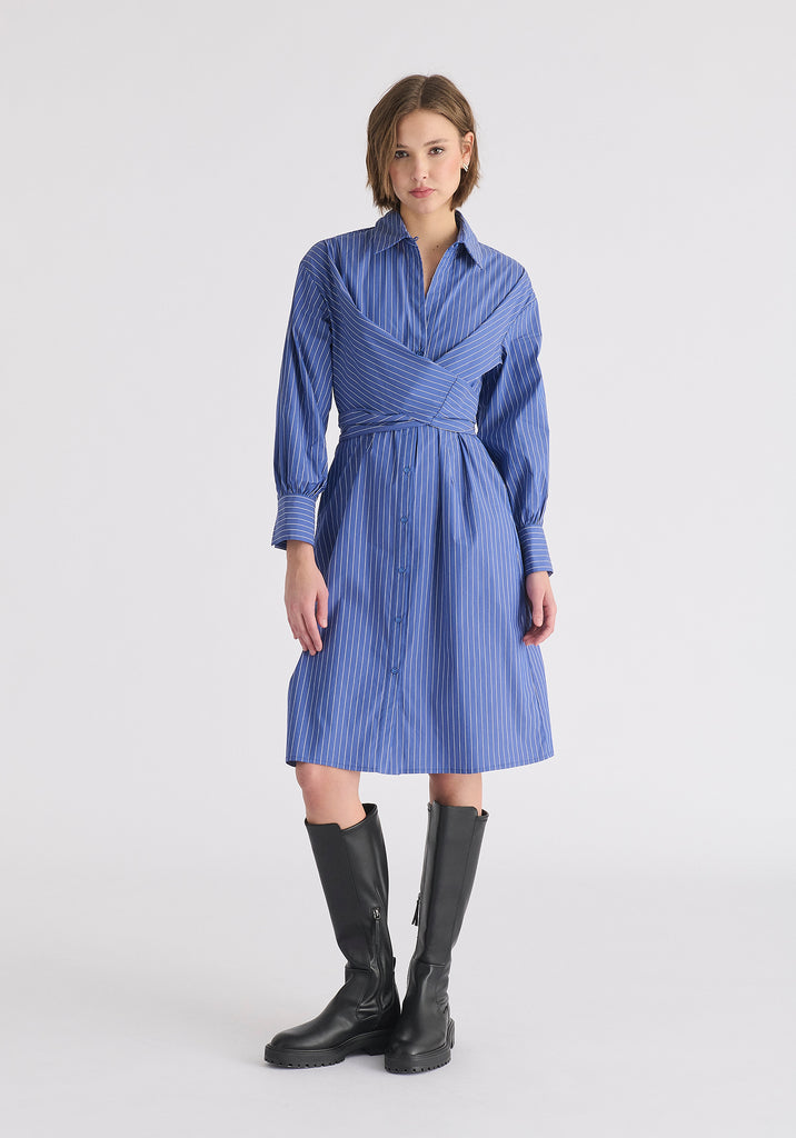 Blue pinstripe tie waist shirt dress deals