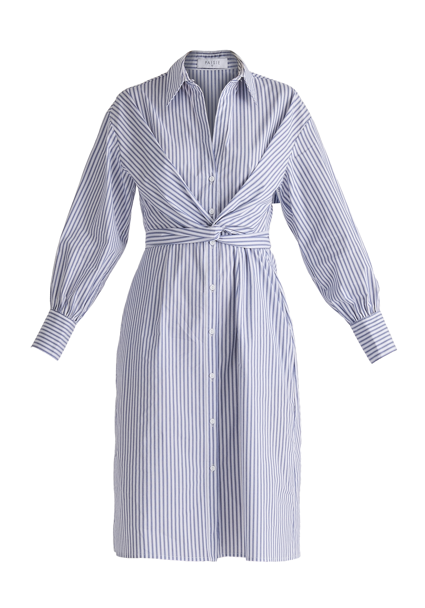 Striped Shirt Dress with Waist Tie in White and Blue Stripes