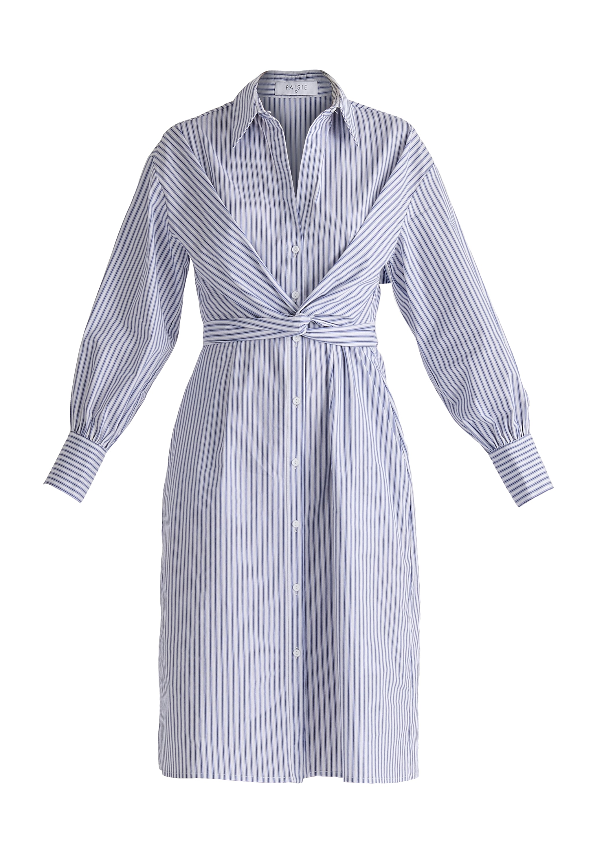 Striped Shirt Dress with Waist Tie in White and Blue Stripes