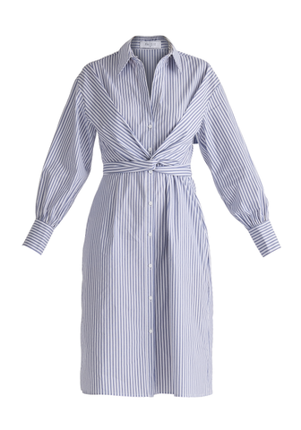 Striped Shirt Dress with Waist Tie in White and Blue Stripes
