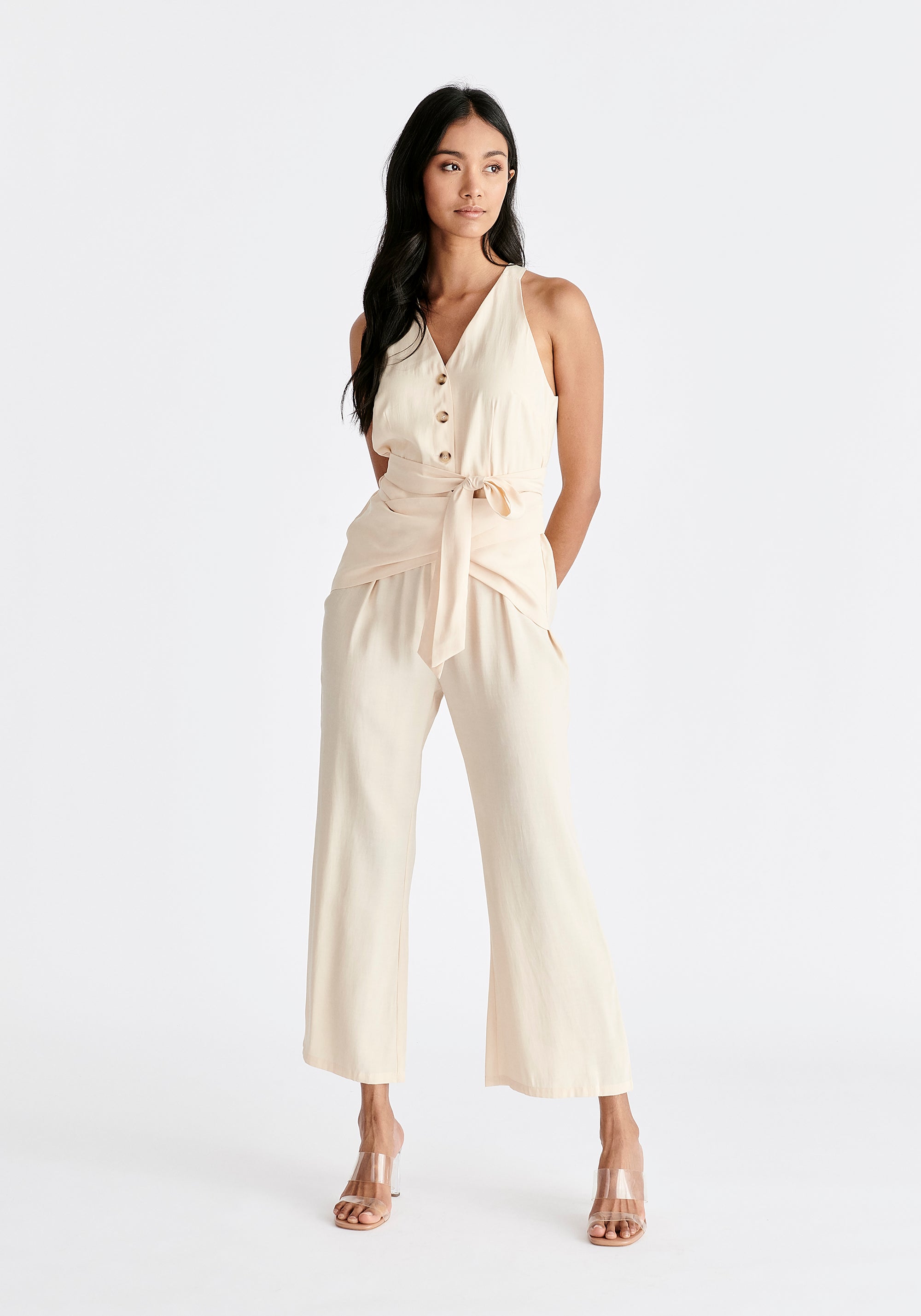 Waist Tie Jumpsuit in Cream