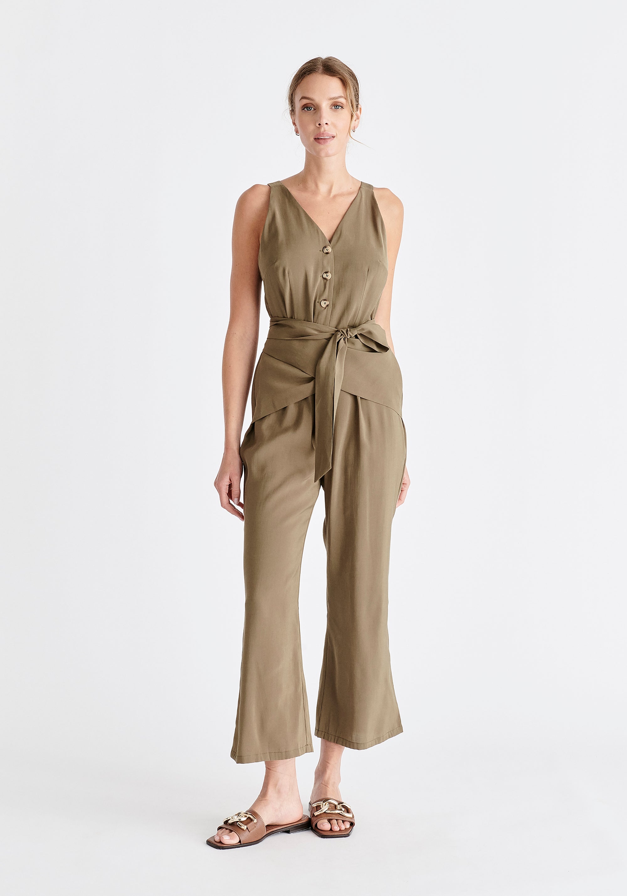Waist Tie Jumpsuit in Khaki