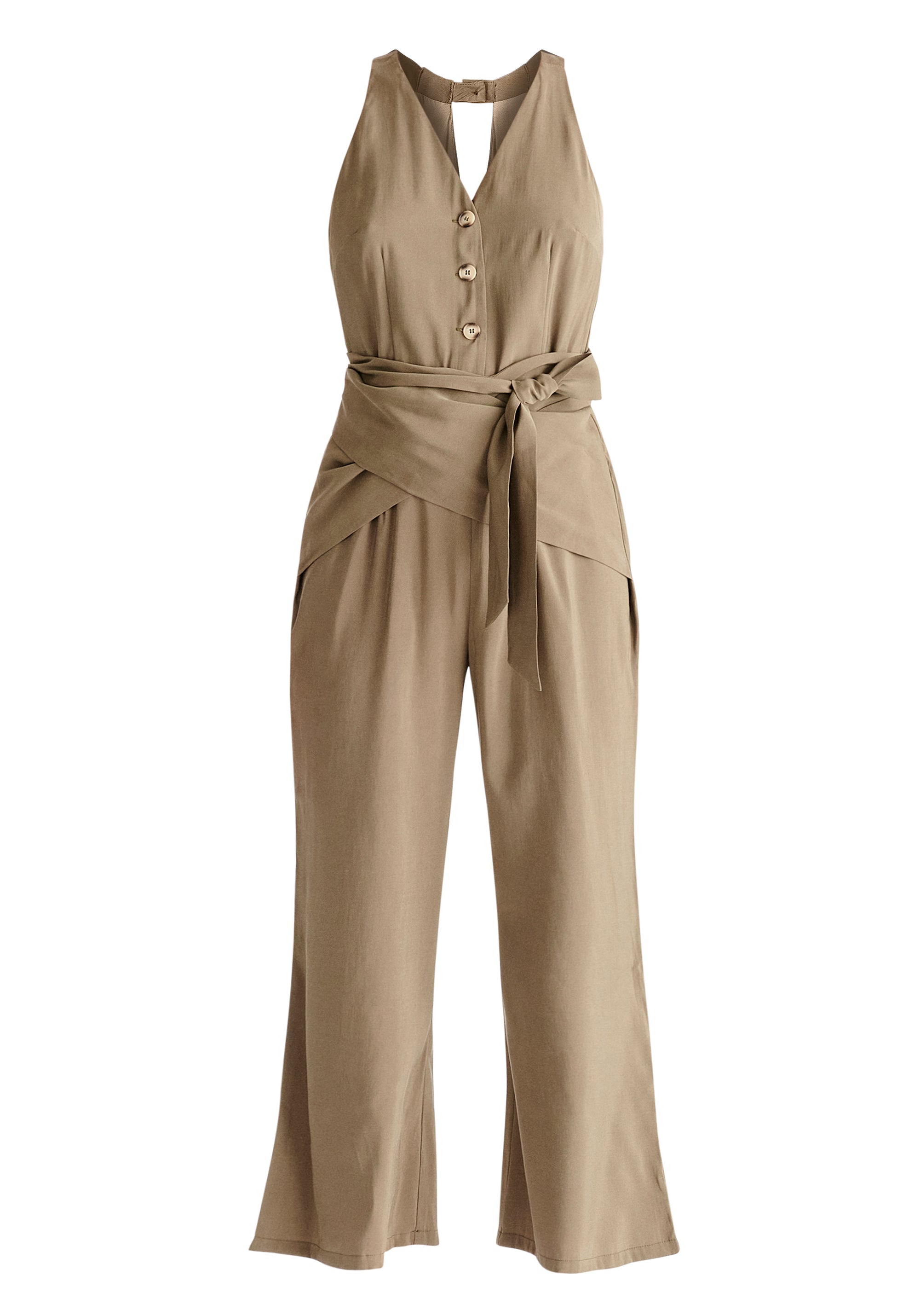 Waist Tie Jumpsuit in Khaki Cut Out