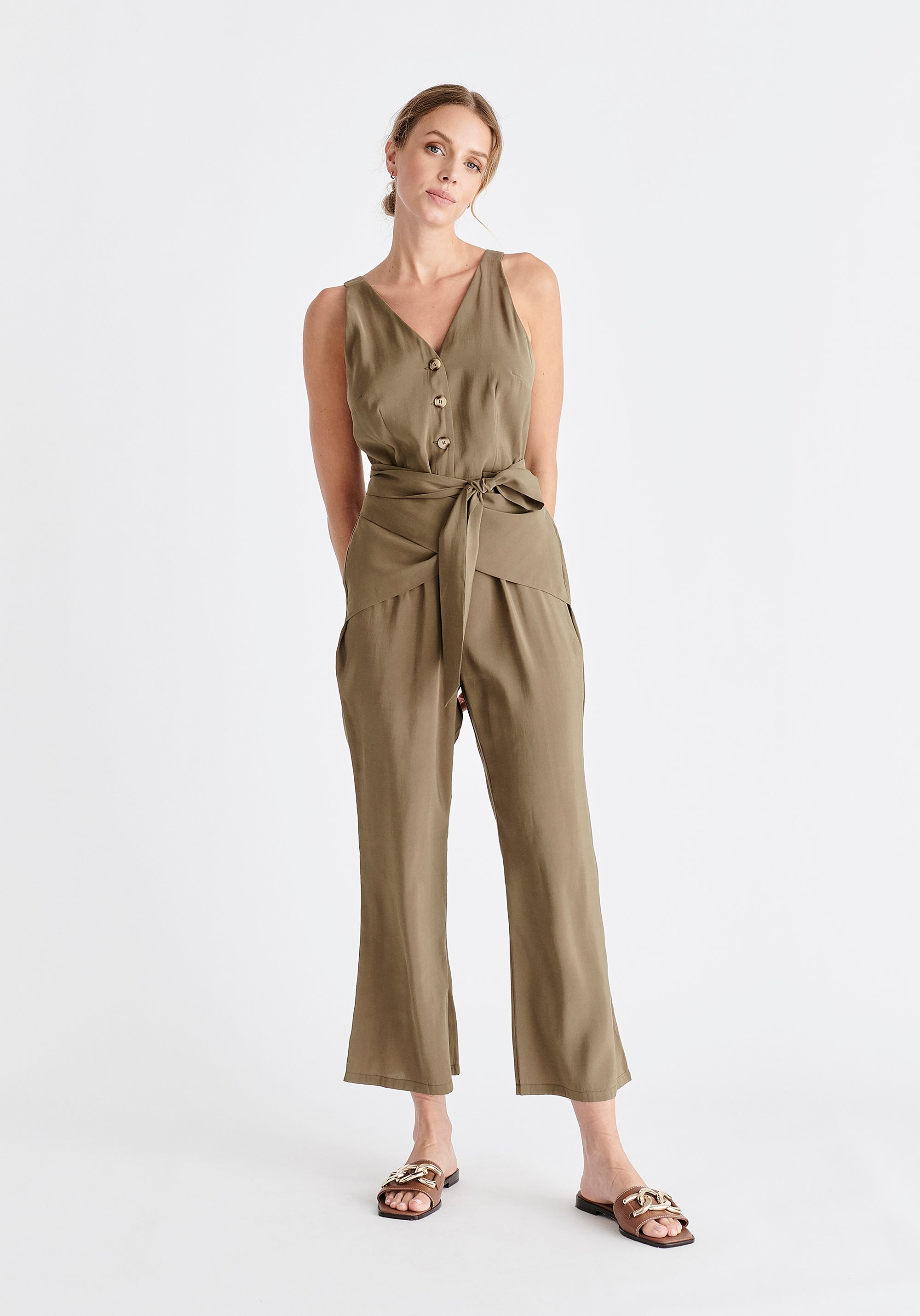 Waist Tie Jumpsuit in Khaki
