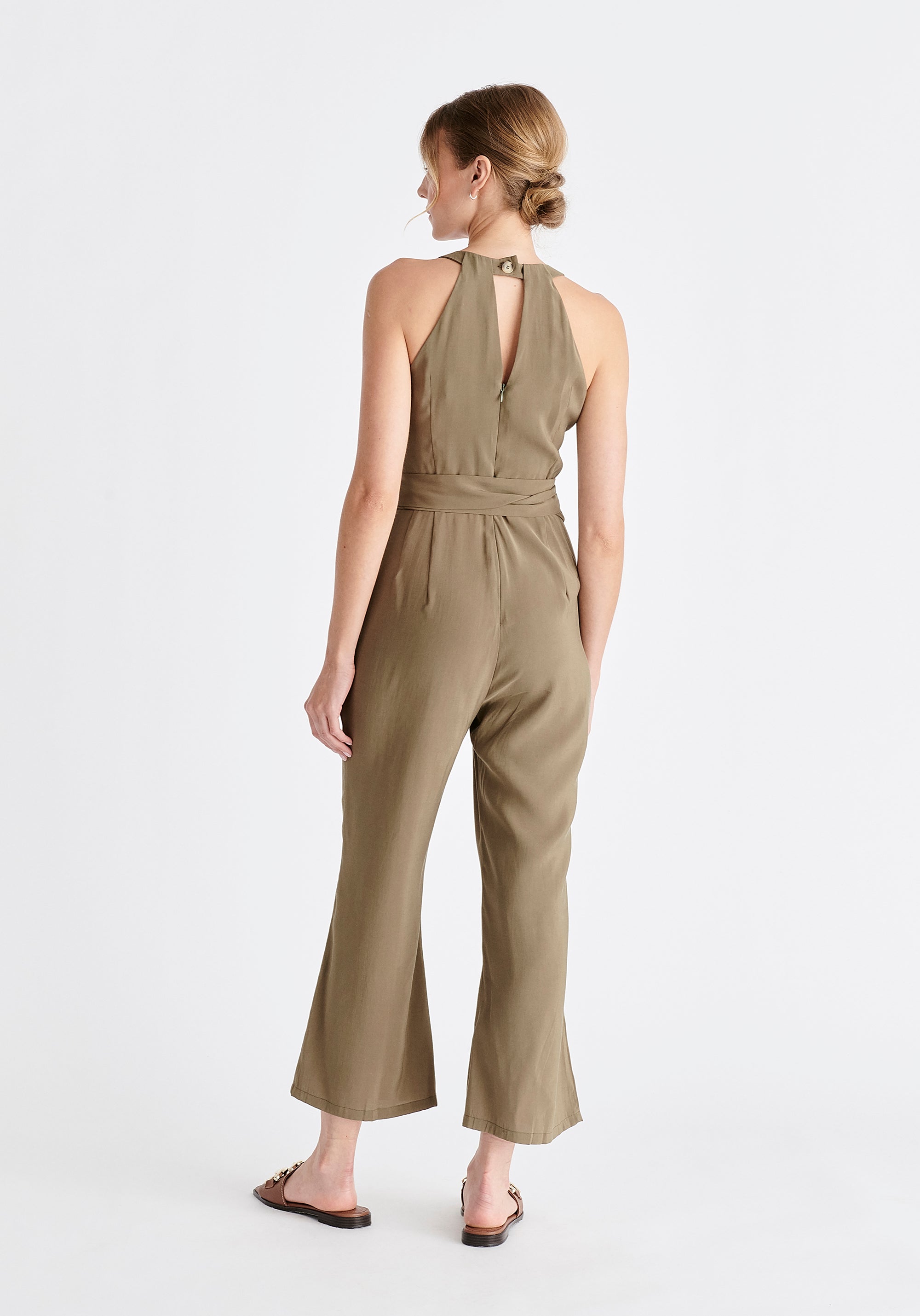 Waist Tie Jumpsuit in Khaki Back