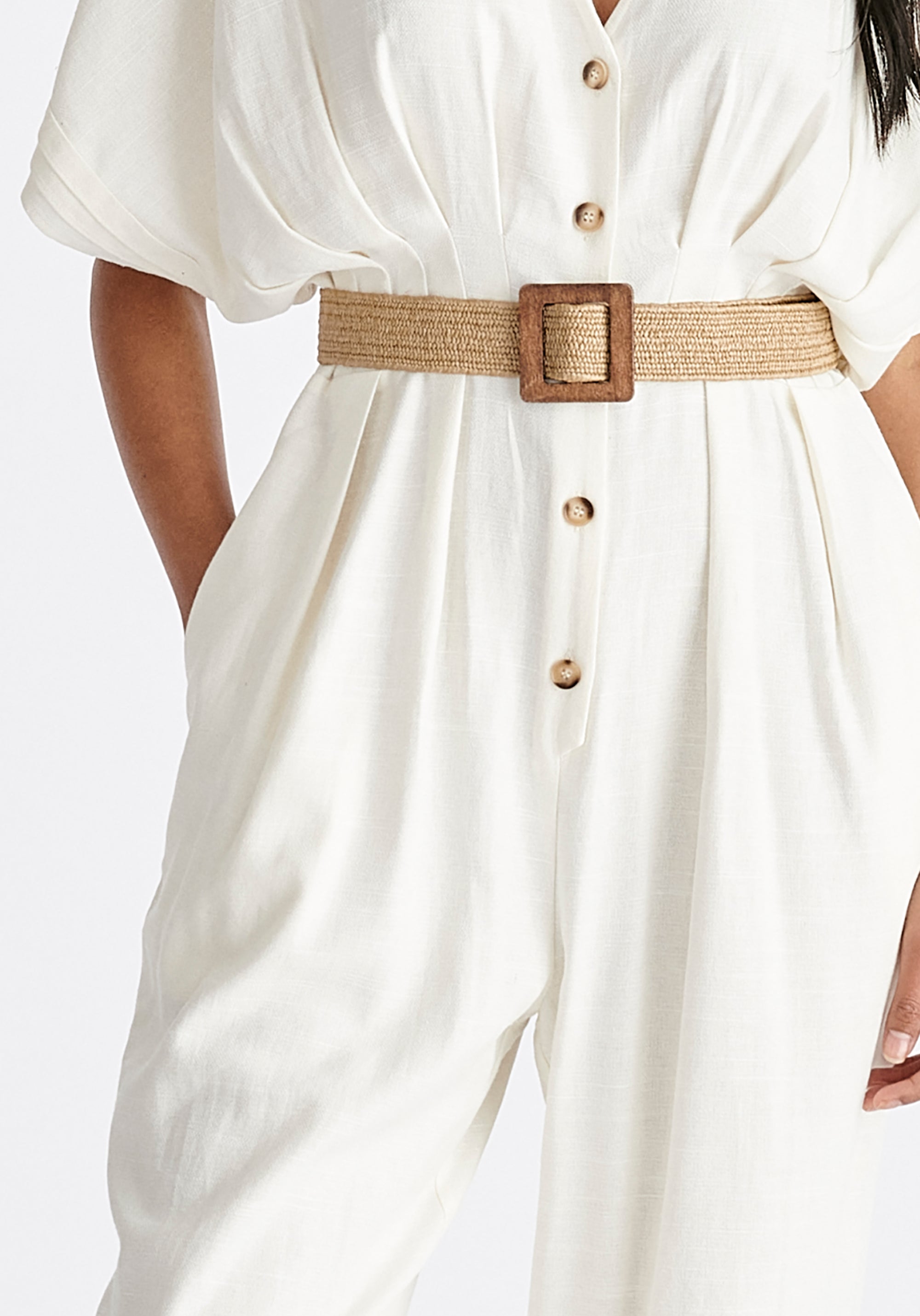 Linen Blend Button Jumpsuit in White Close Up