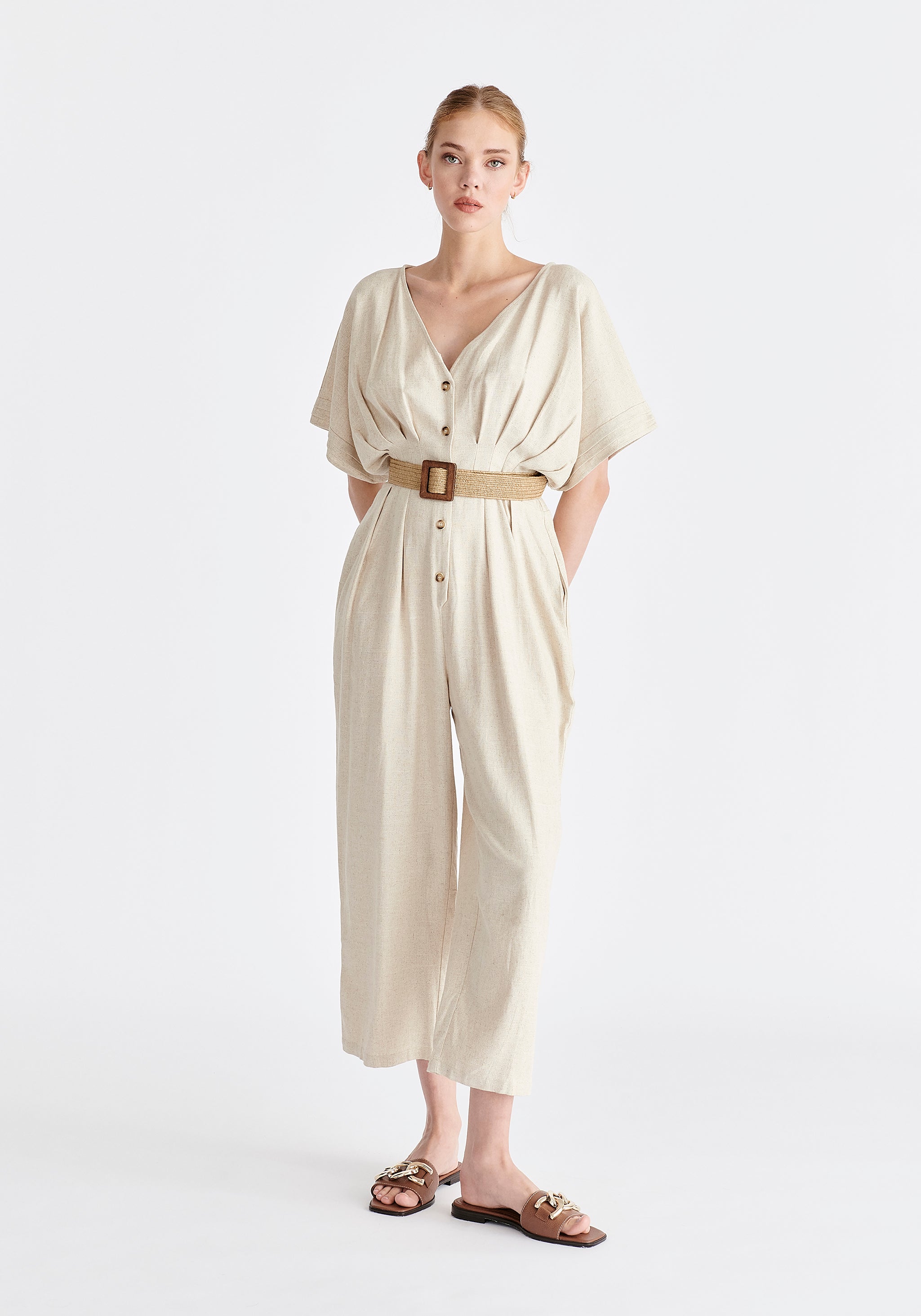 Linen Blend Button Jumpsuit