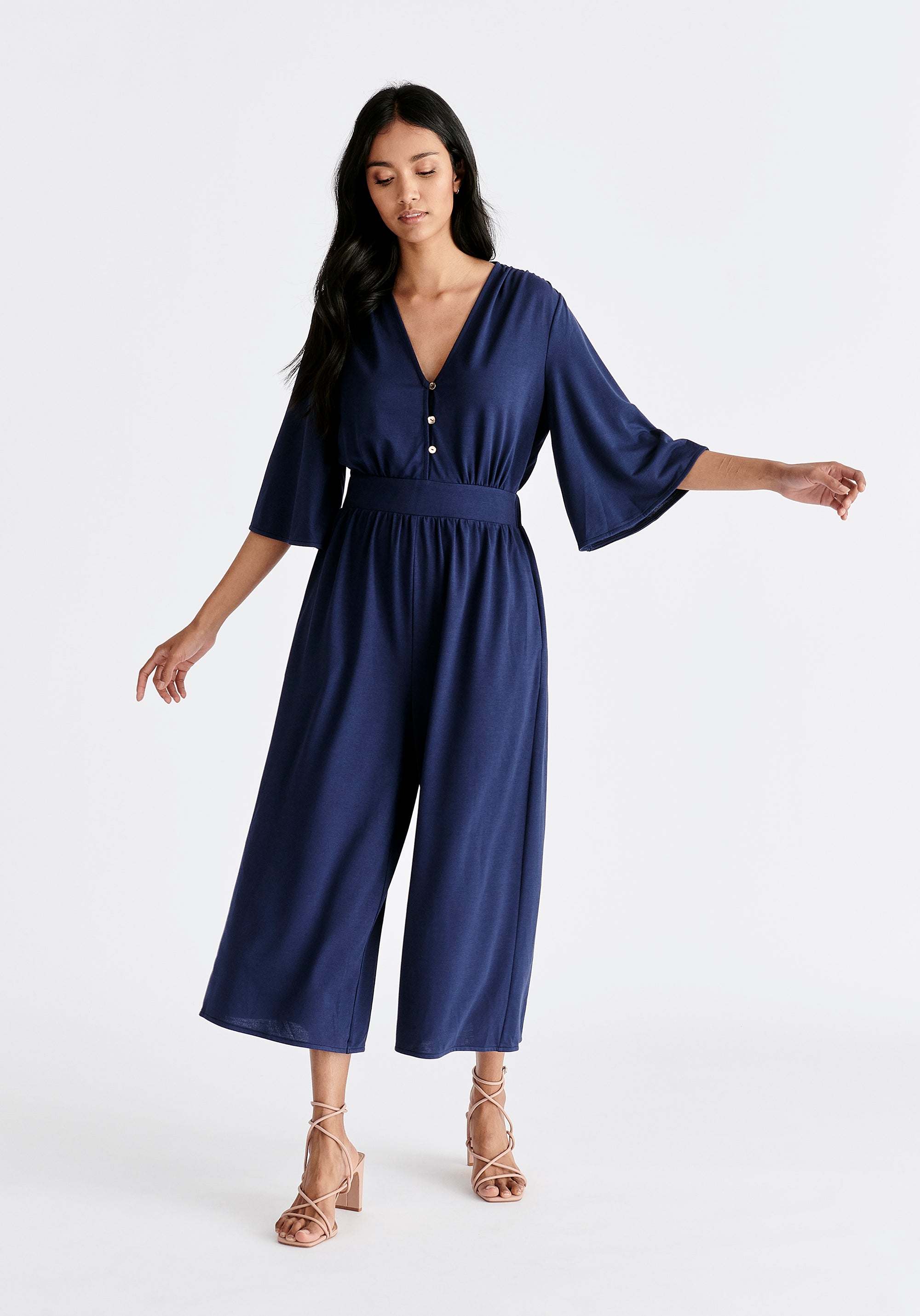 V-Neck Culotte Jumpsuit in Navy