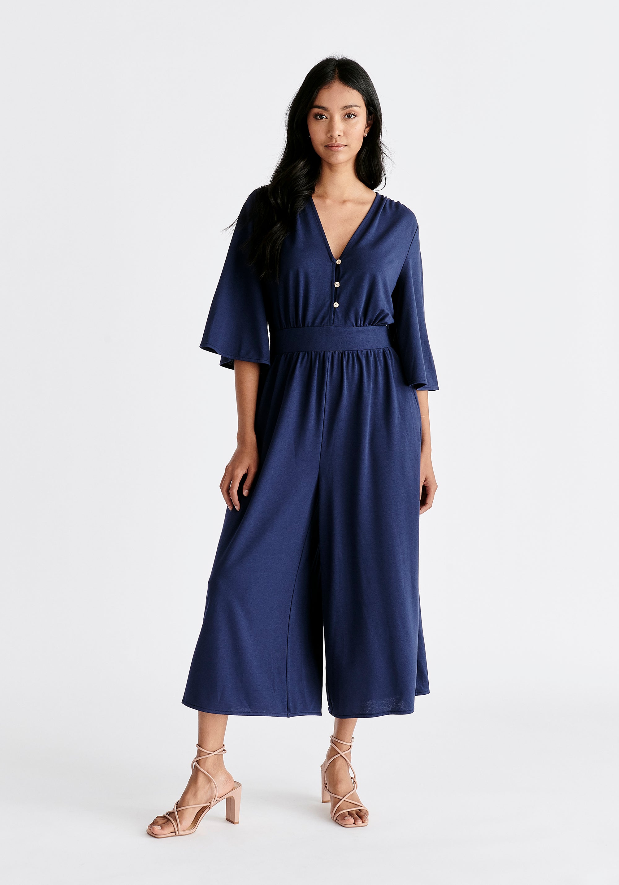 V-Neck Culotte Jumpsuit in Navy