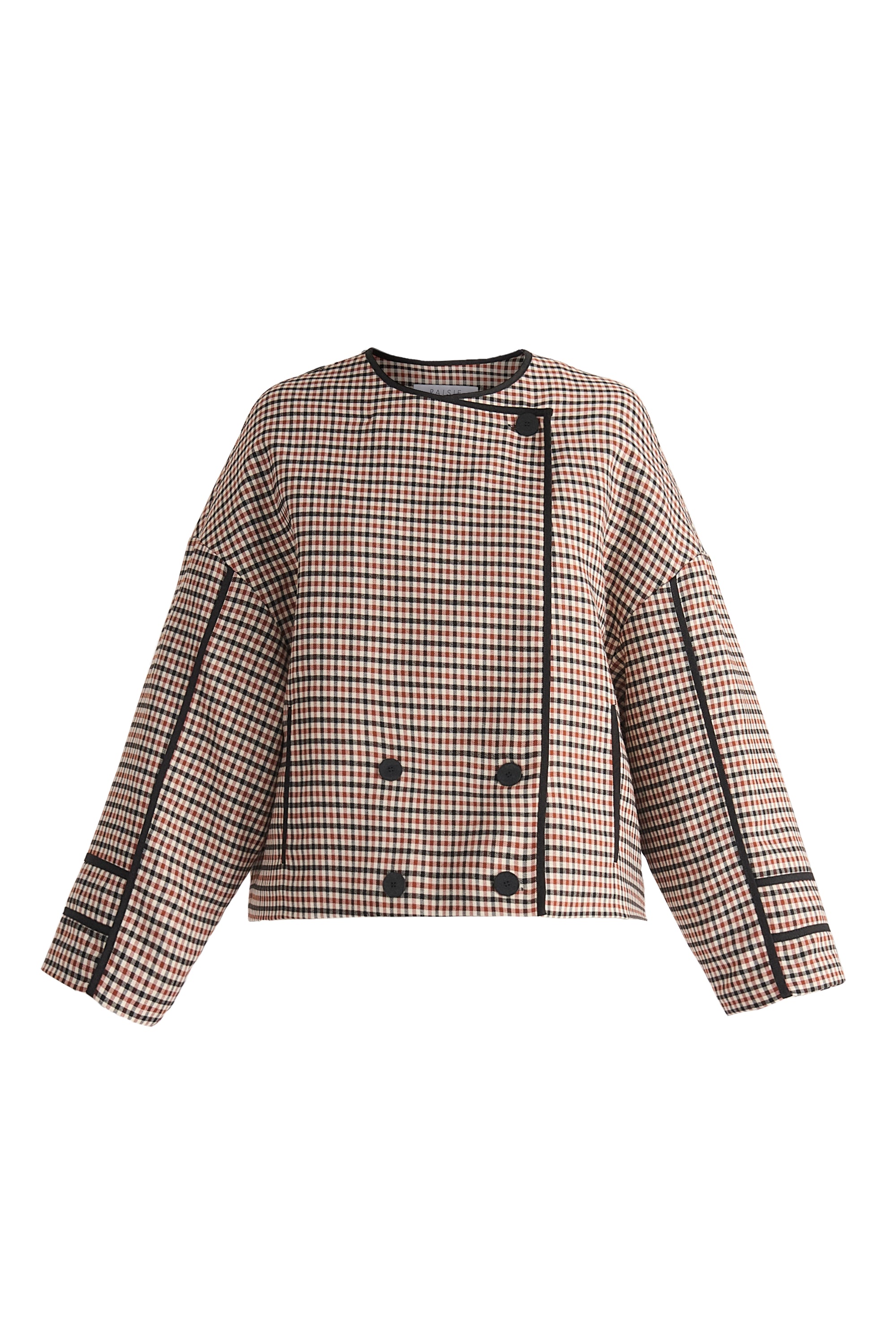 Double Breasted Check Jacket with Matching Scarf in Red, White and Black Cut Out