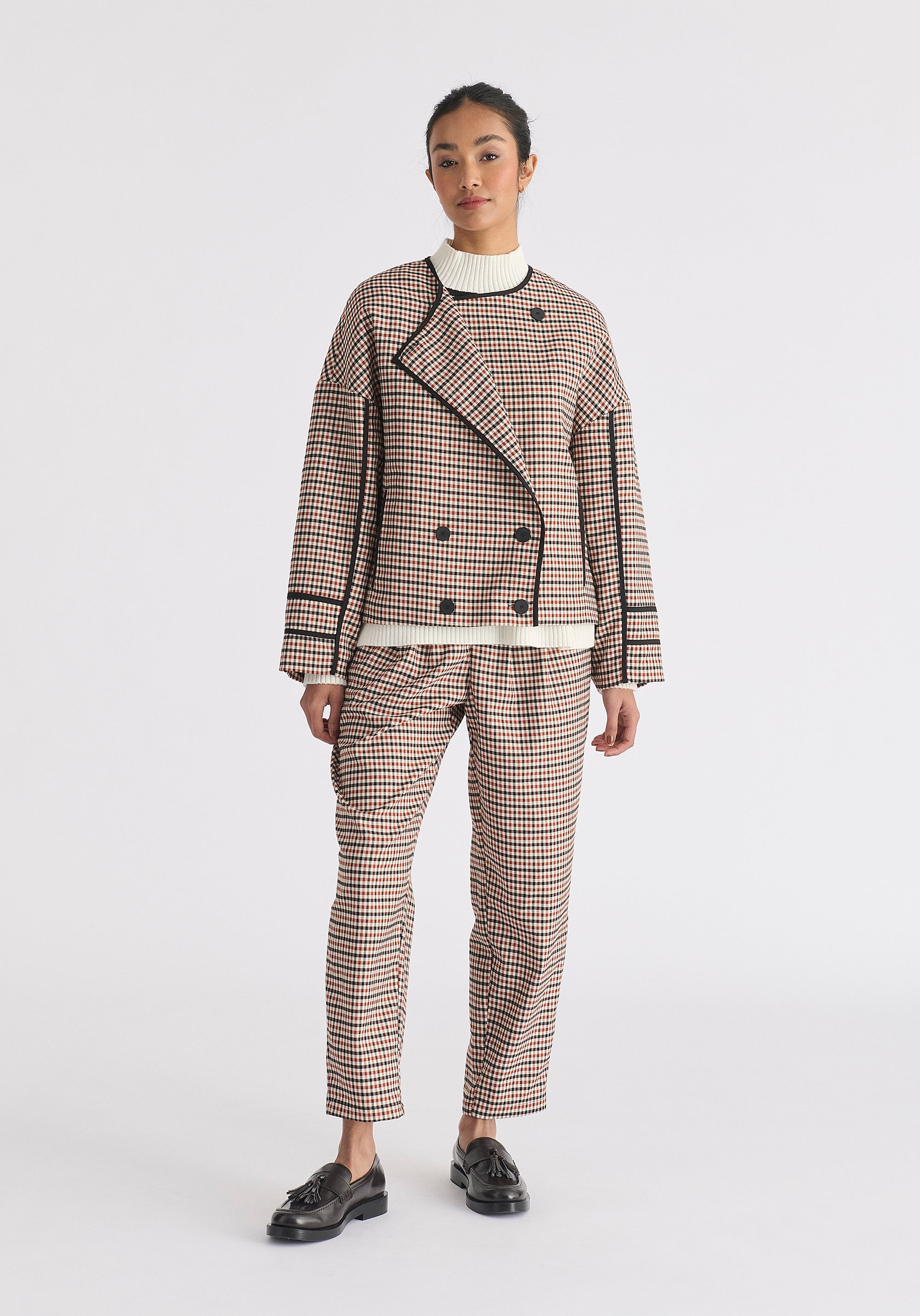Double Breasted Check Jacket with Matching Scarf in Red, White and Black Front