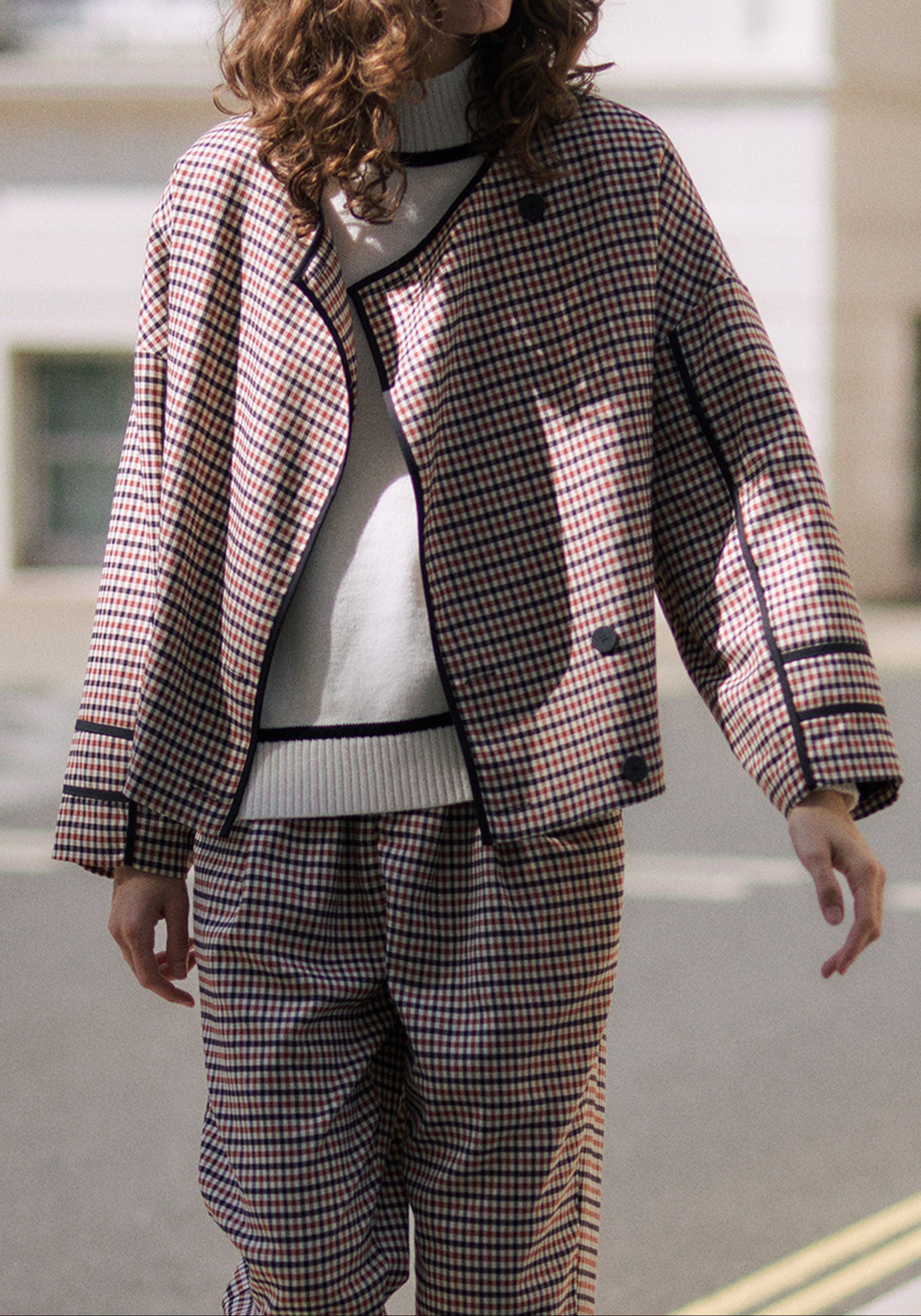 Double Breasted Check Jacket with Matching Scarf in Red, White and