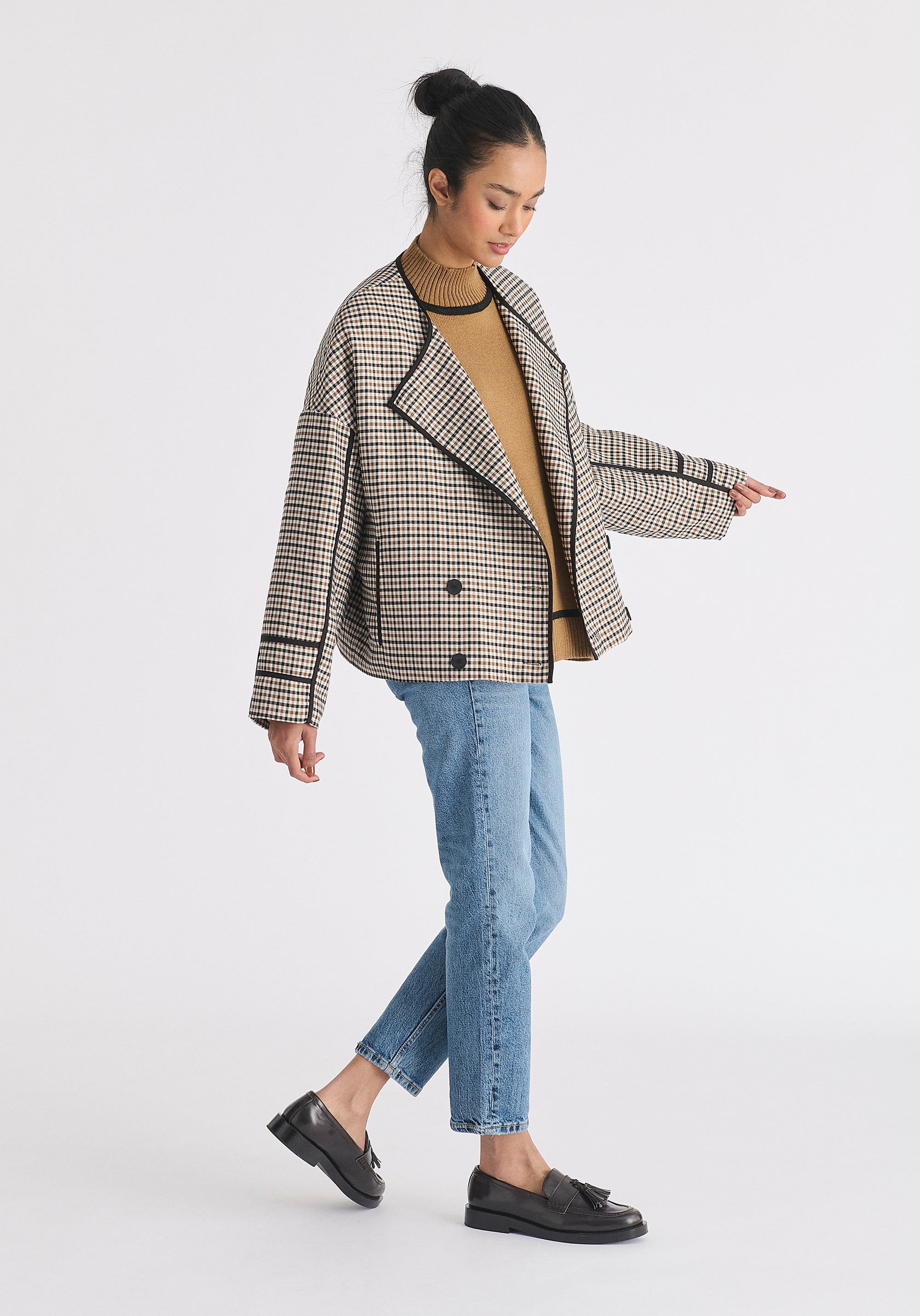 Double Breasted Check Jacket with Matching Scarf in Brown, White and Black Side