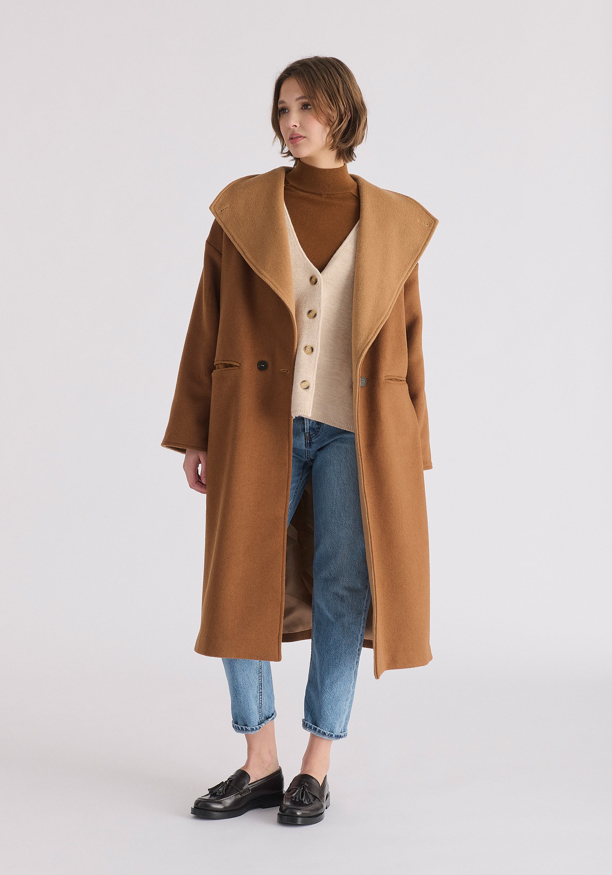 Two-Tone Double Breasted Wool Blend Coat in Brown Front