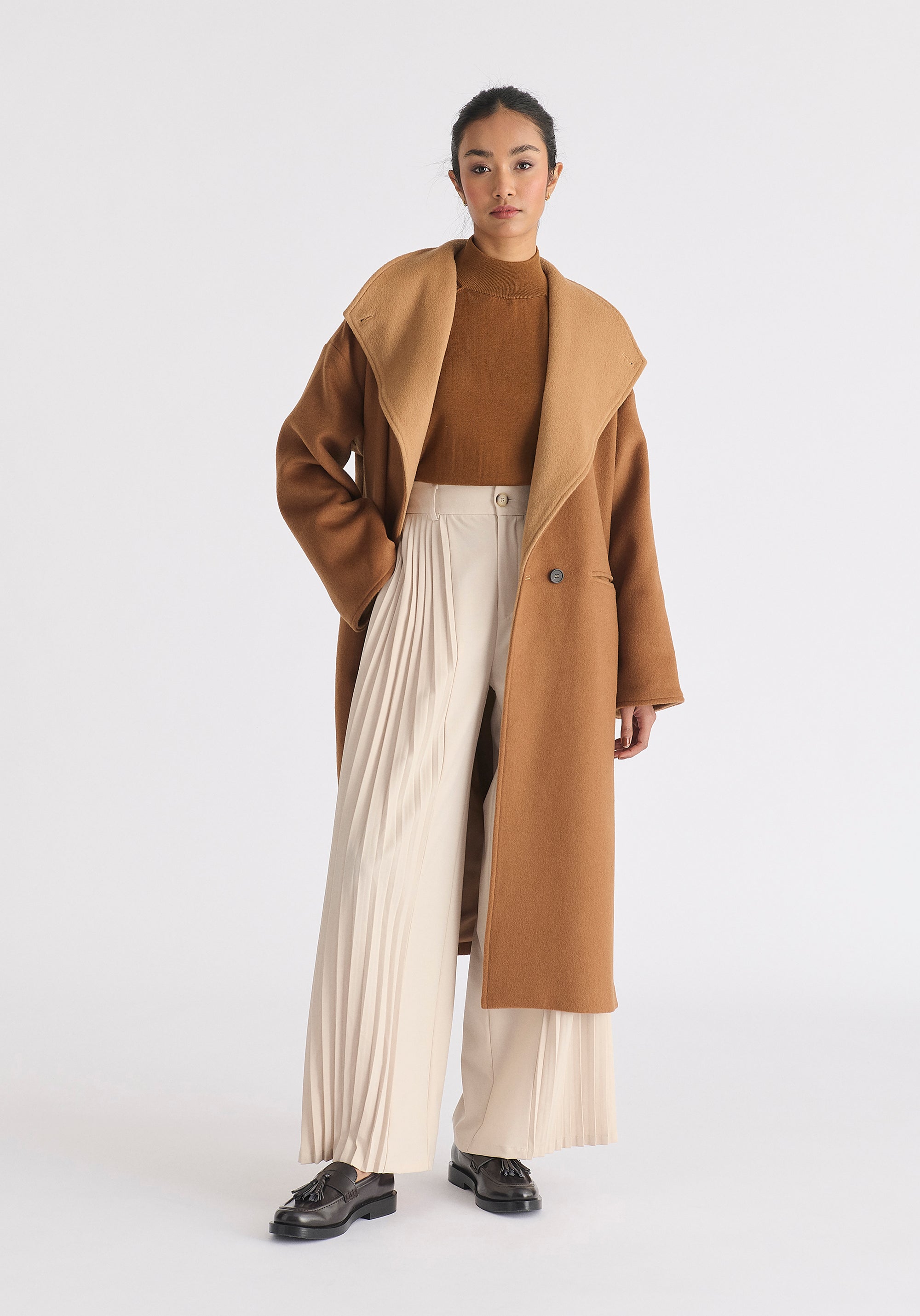 Two-Tone Double Breasted Wool Blend Coat in Brown Front
