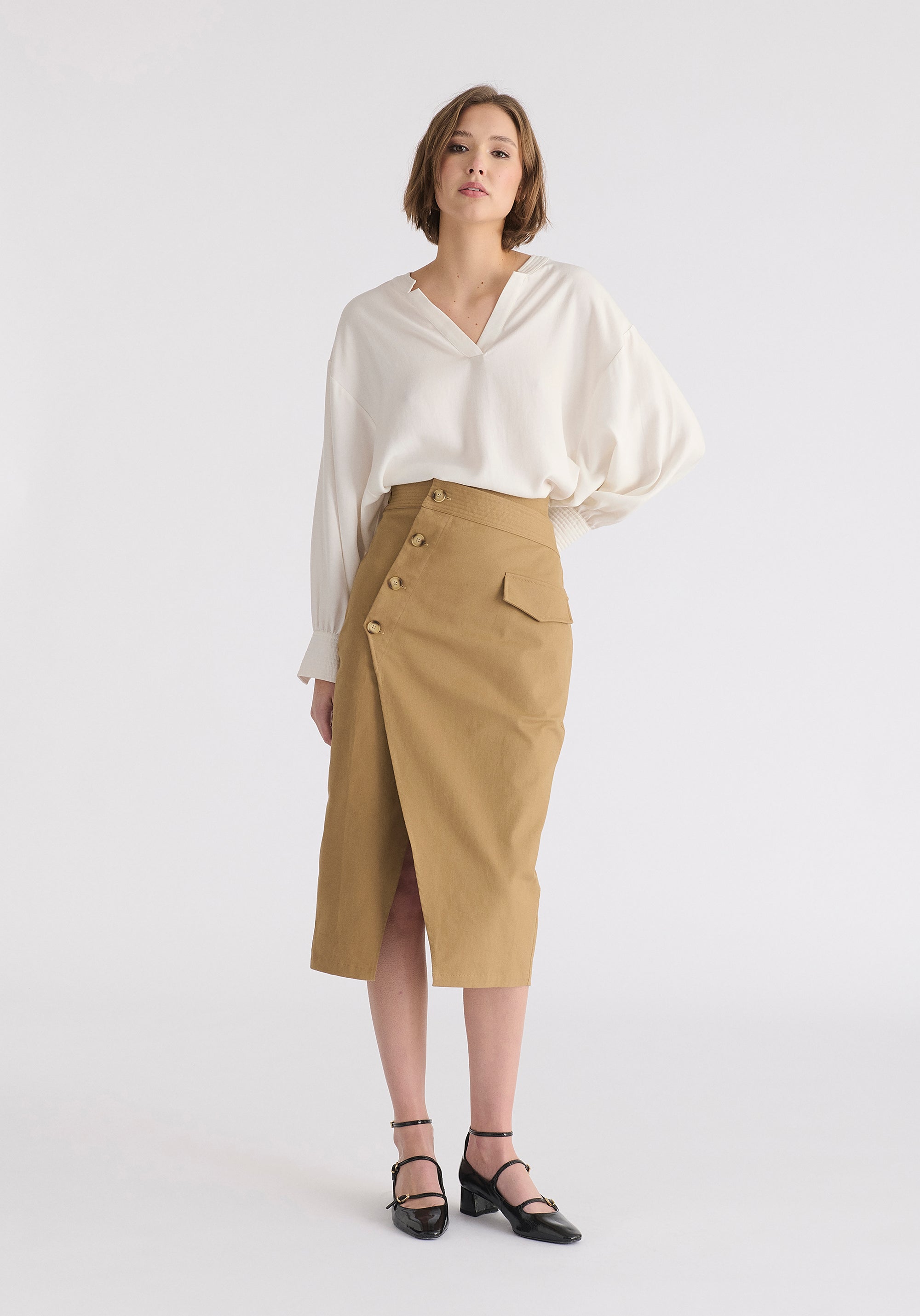 Asymmetric Midi Skirt with Button Details Front