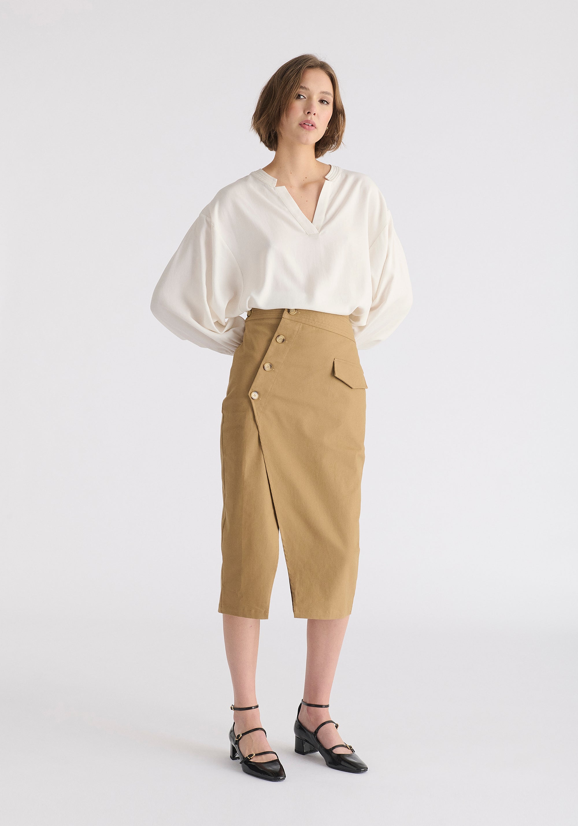 Asymmetric Midi Skirt with Button Details Front
