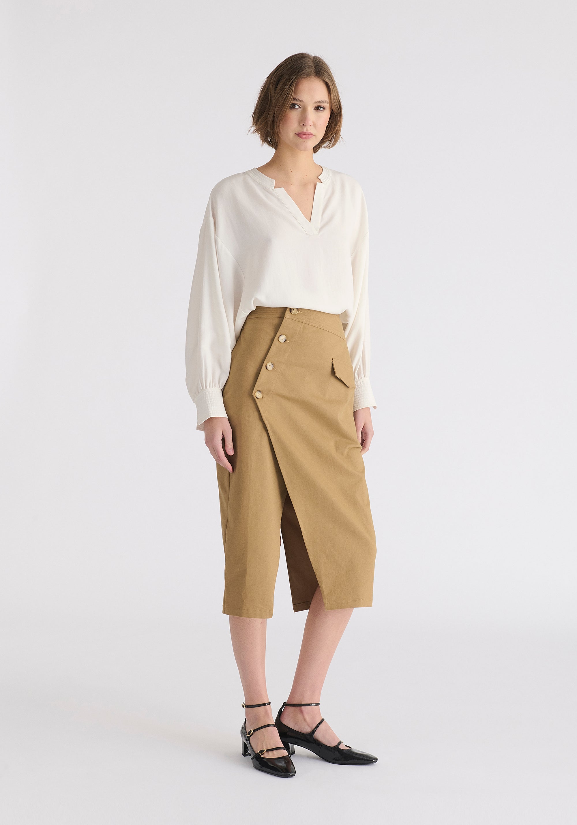 Asymmetric Midi Skirt with Button Details Front