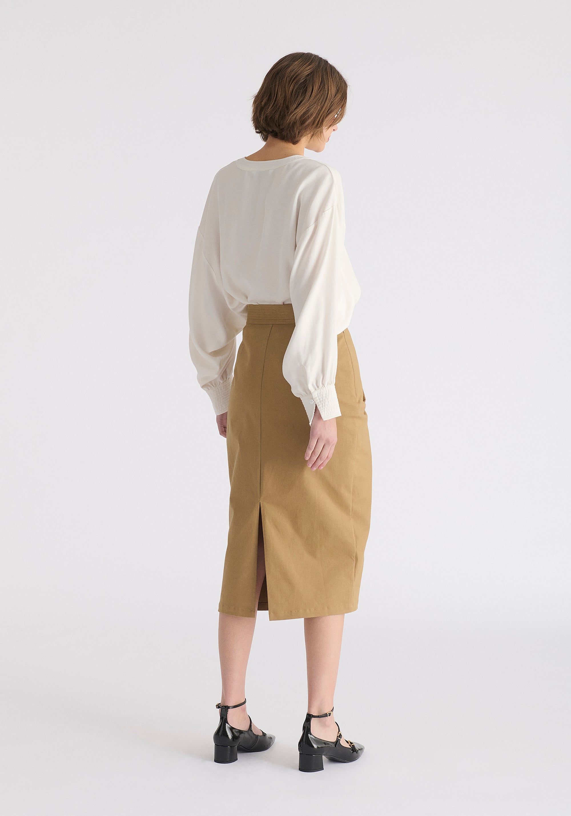 Asymmetric Midi Skirt with Button Details Back