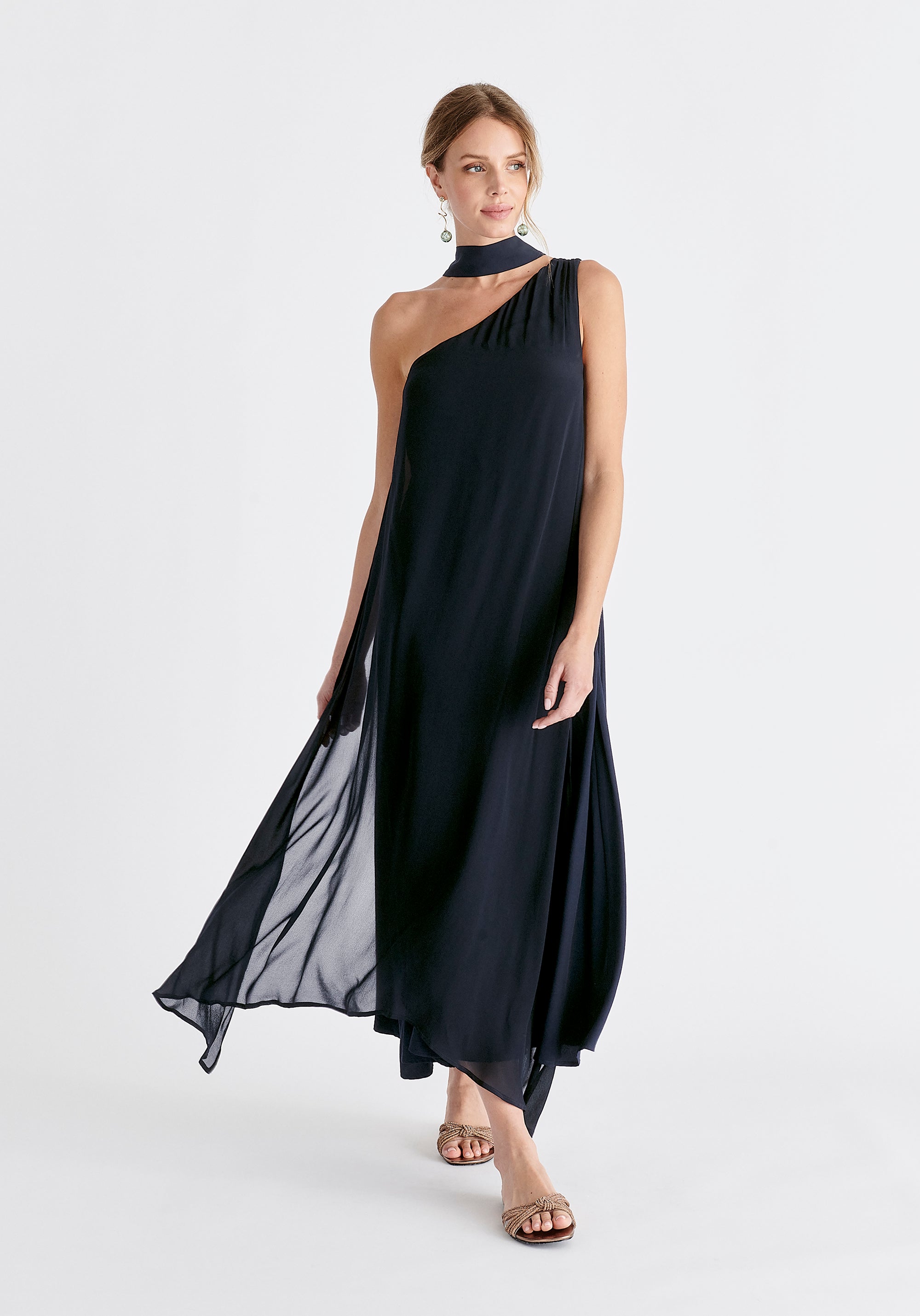 One Shoulder Flowy Dress in Navy