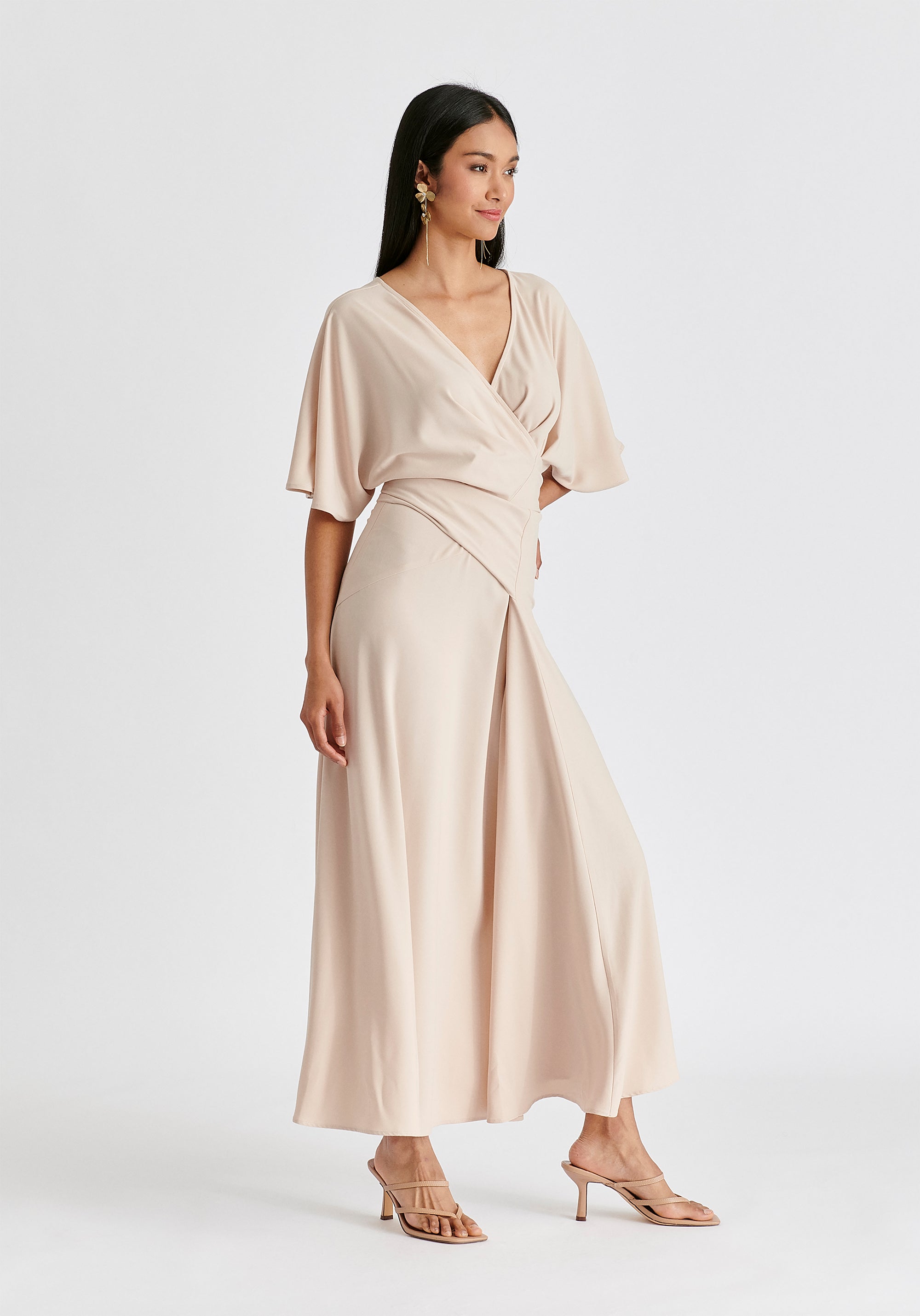 Flare Sleeves Maxi Wrap Dress in Taupe Side