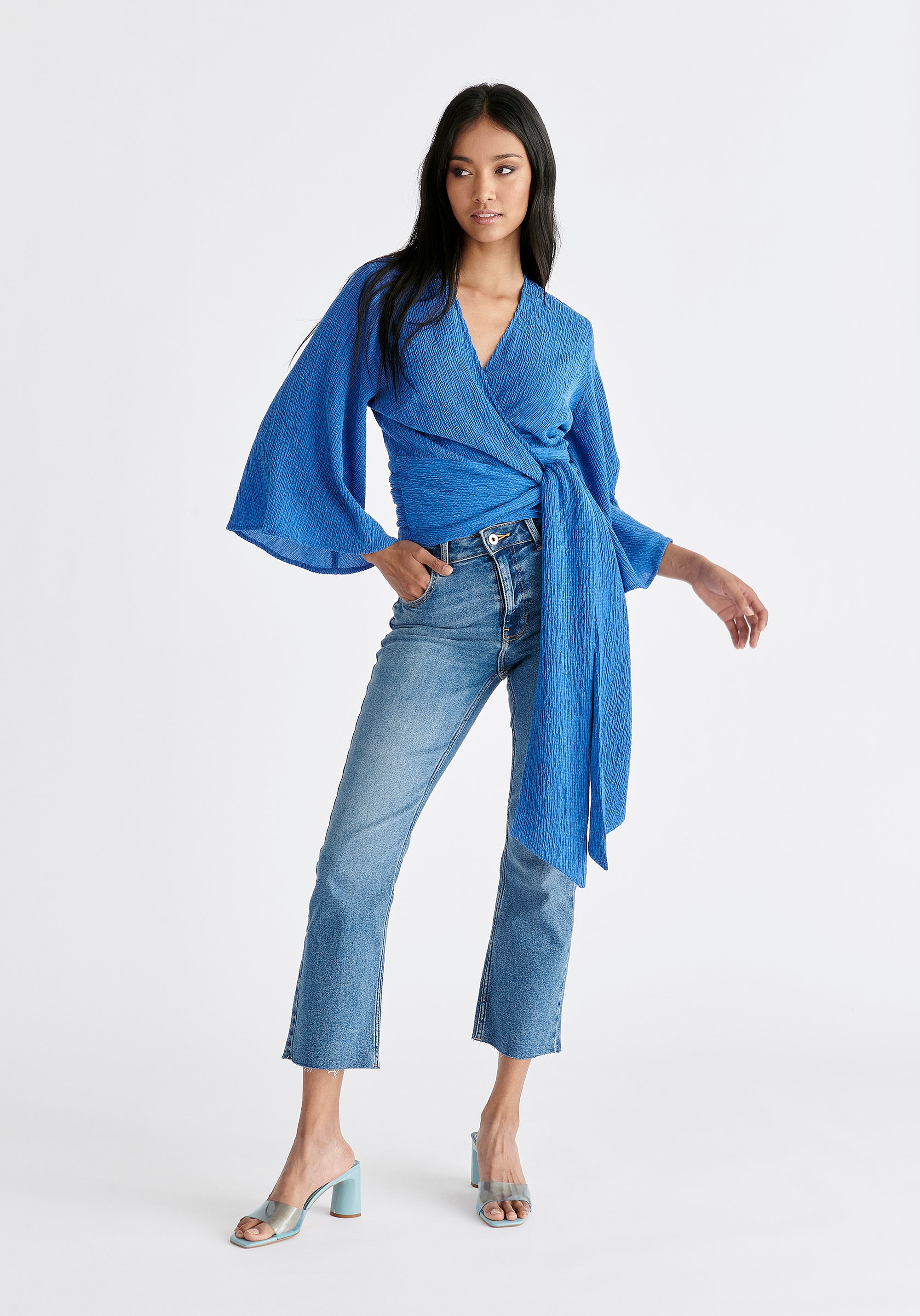 Textured Wrap Kimono Blouse in Blue