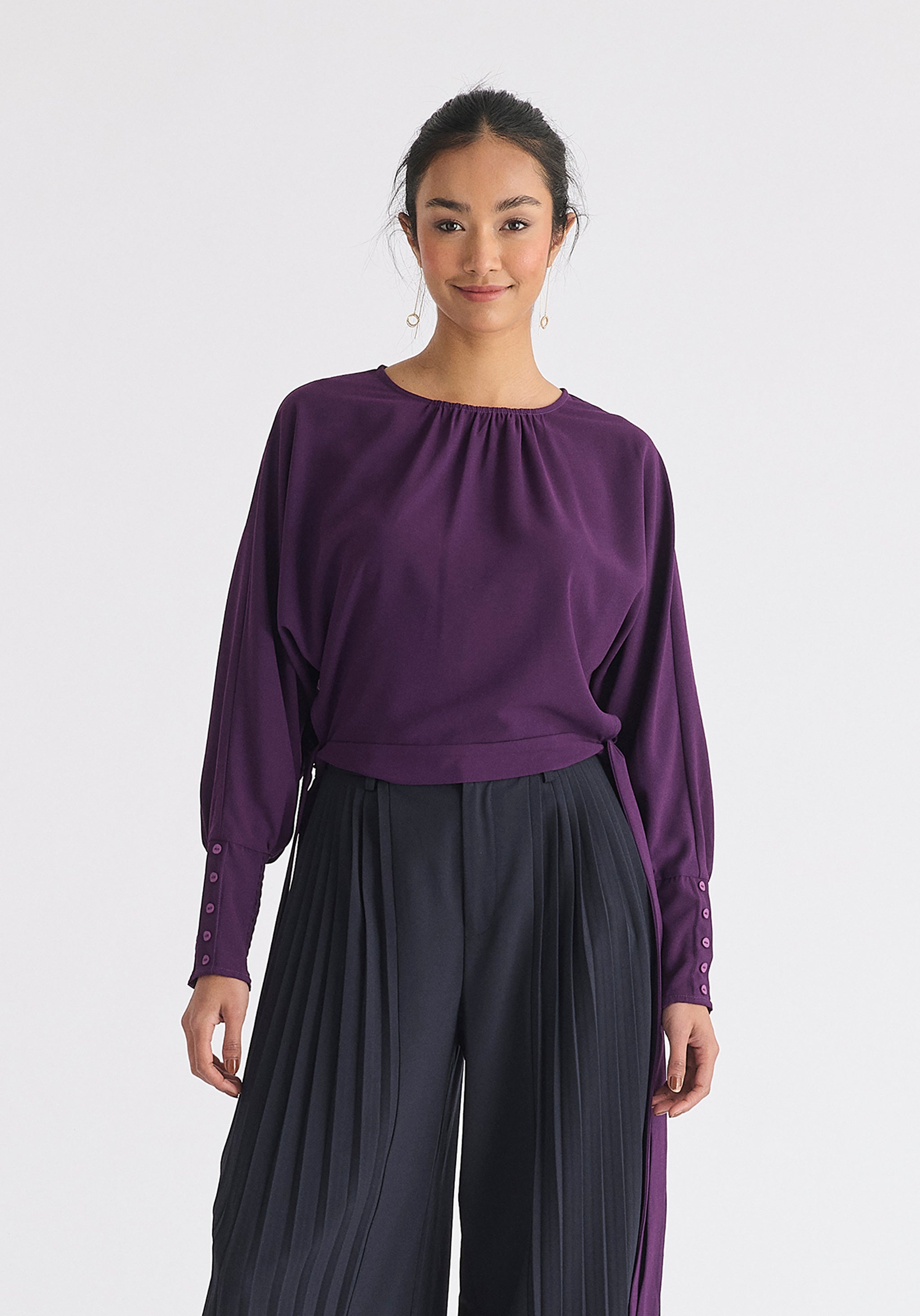 Waist Tie Top Shirred Cuffs