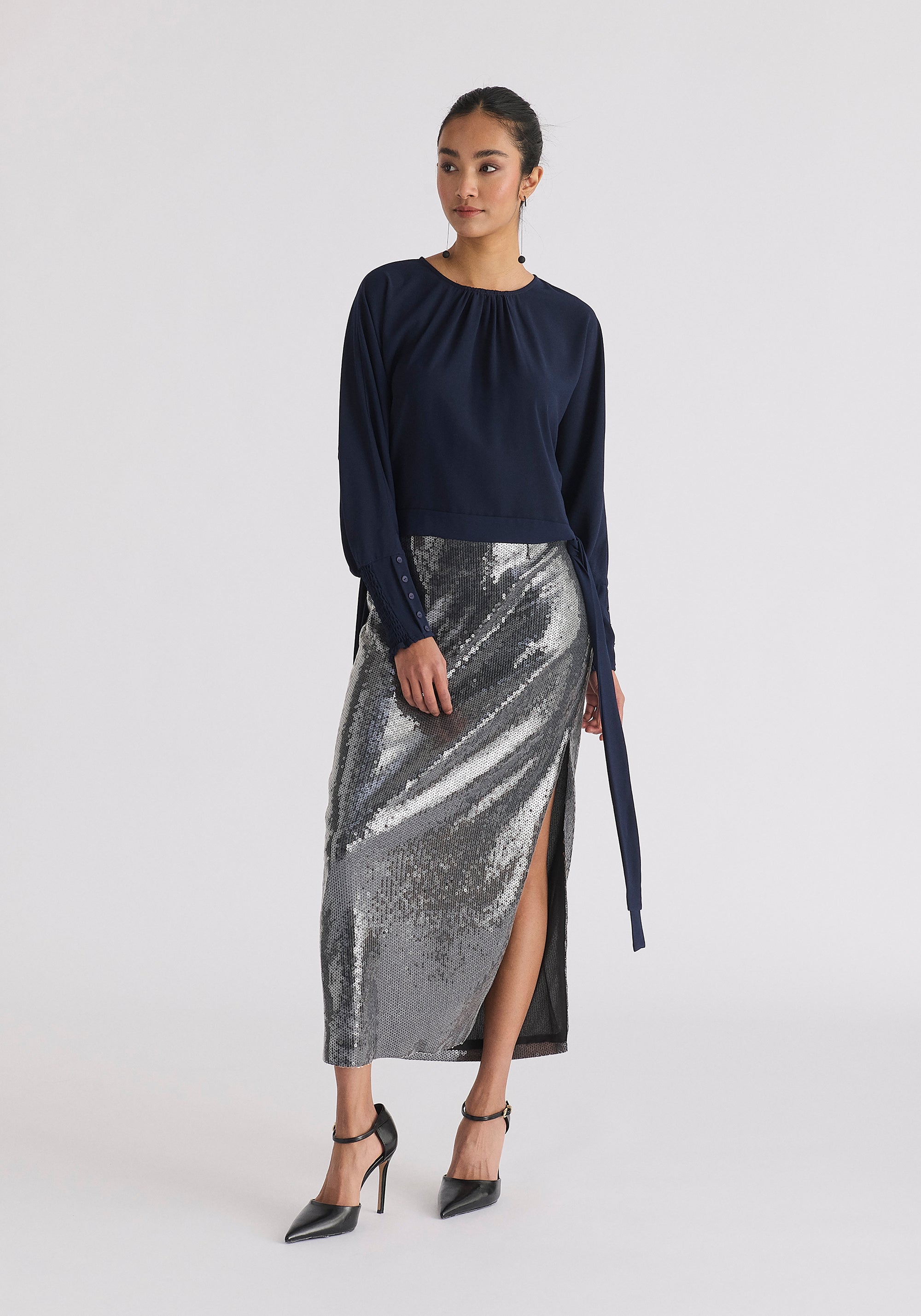 Waist Tie Top with Shirred Cuffs in Navy