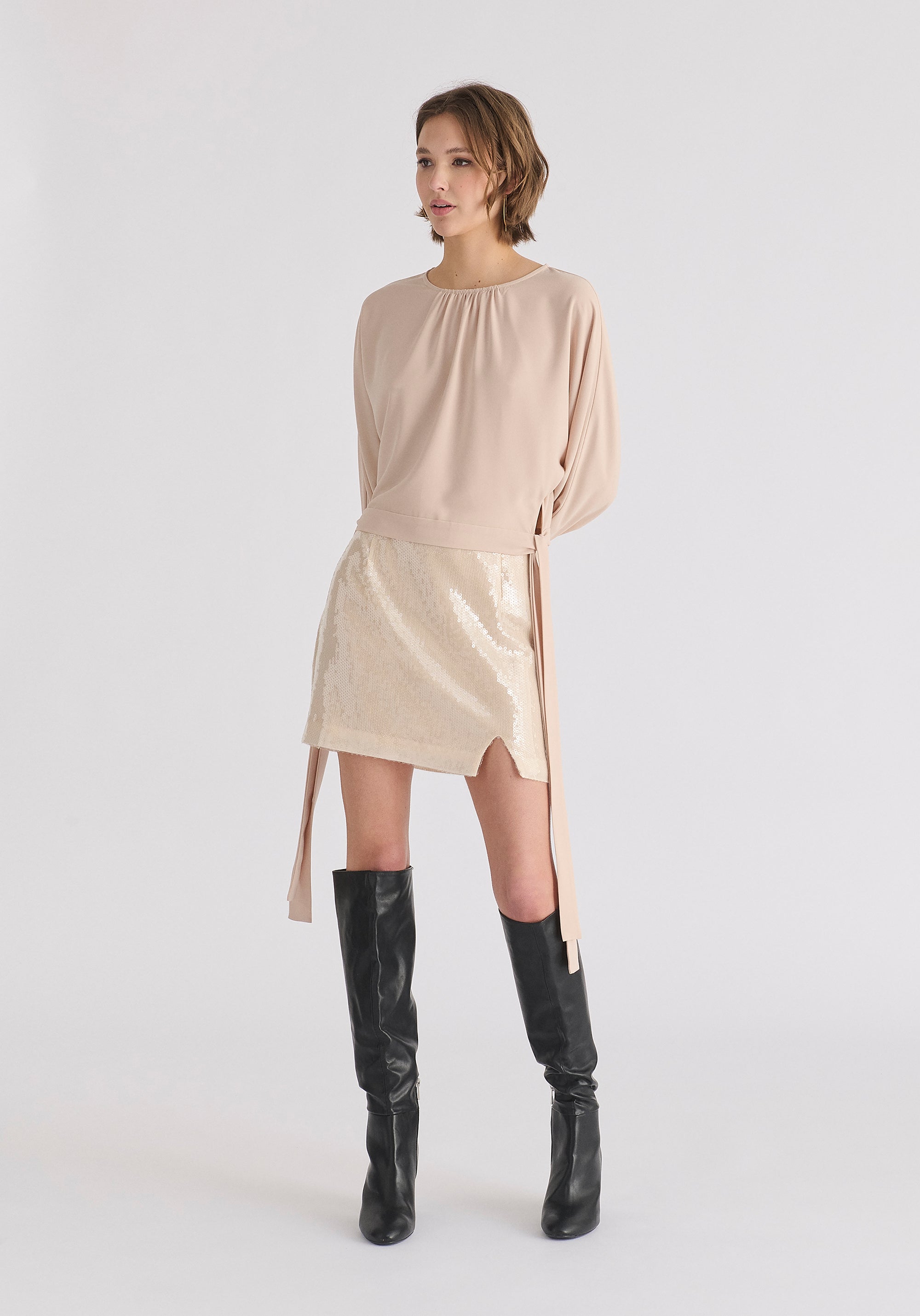 Waist Tie Top with Shirred Cuffs in Cream