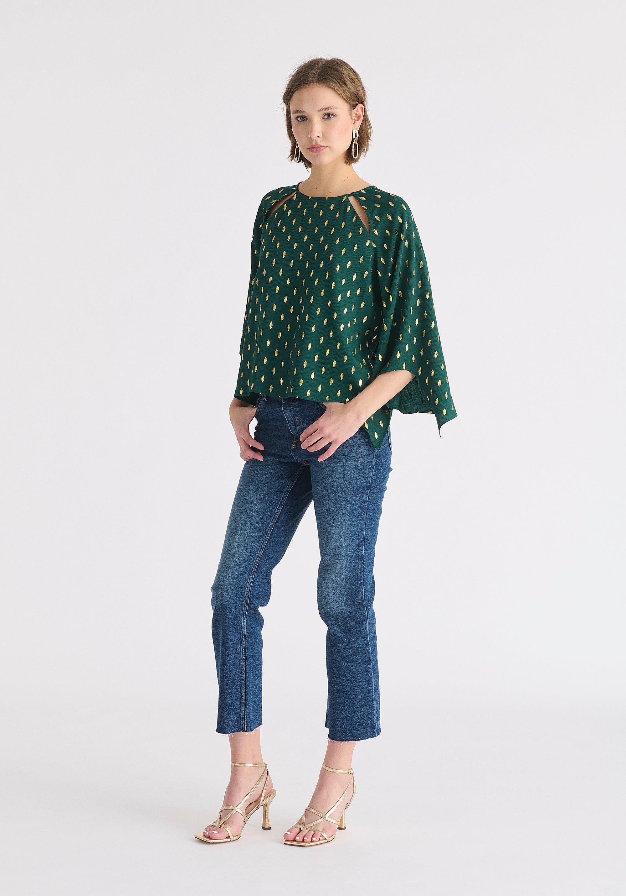 Gold Foil Print Cut-Out Draped Sleeve Top in Dark Green and Gold Side
