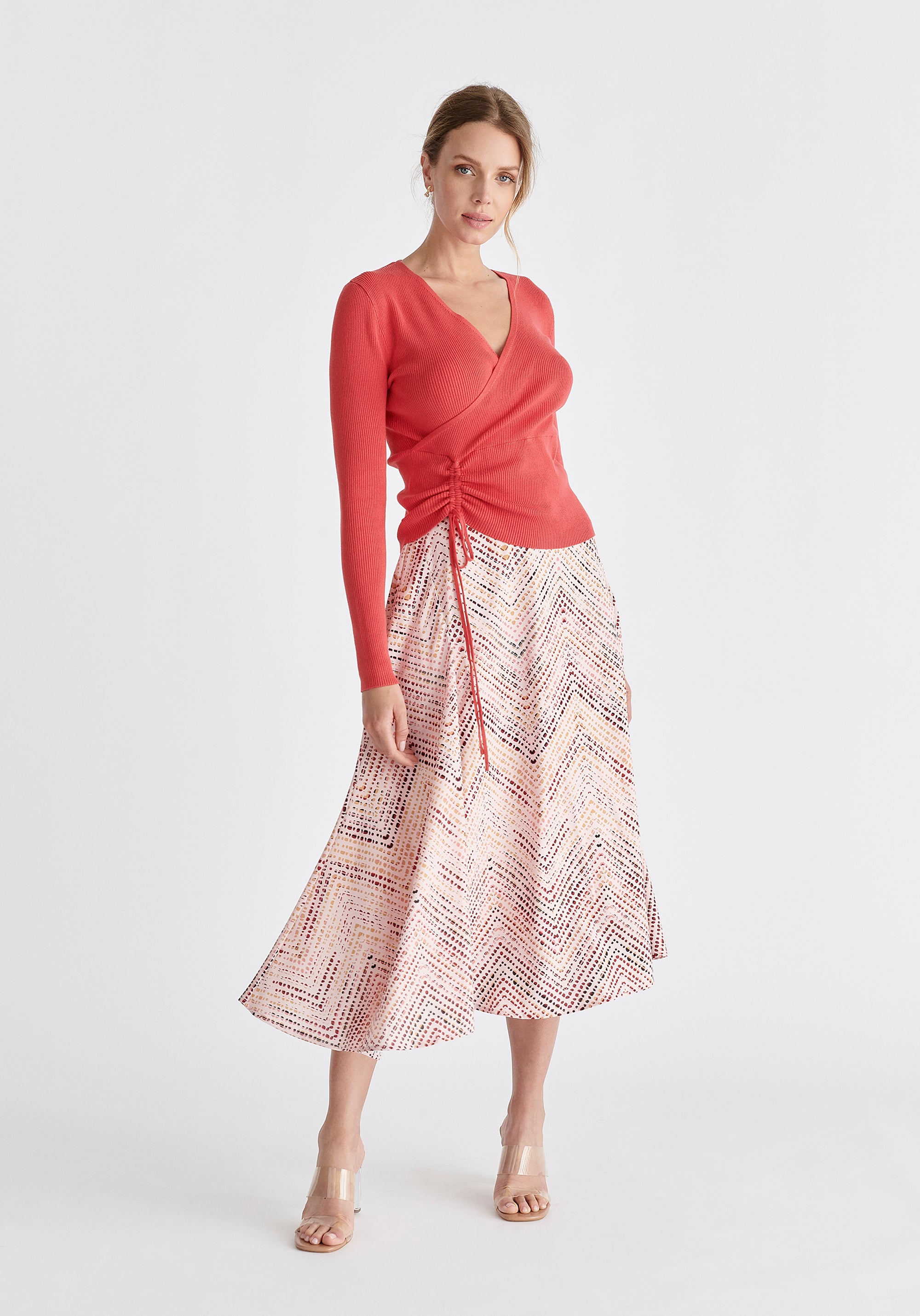 Asymmetric Hem Skirt in Pink, Red, Black and Cream