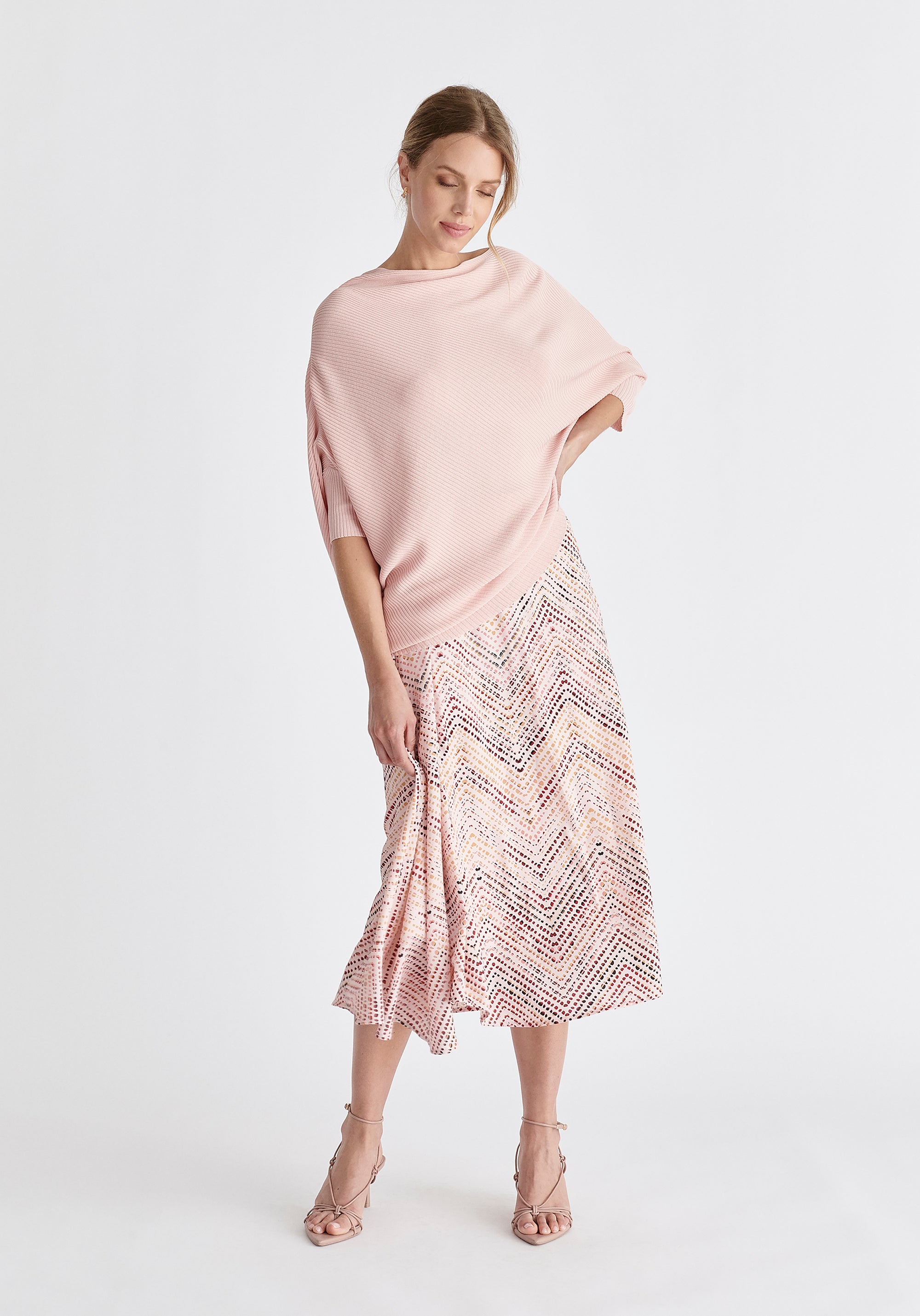 Asymmetric Hem Skirt in Pink, Red, Black and Cream