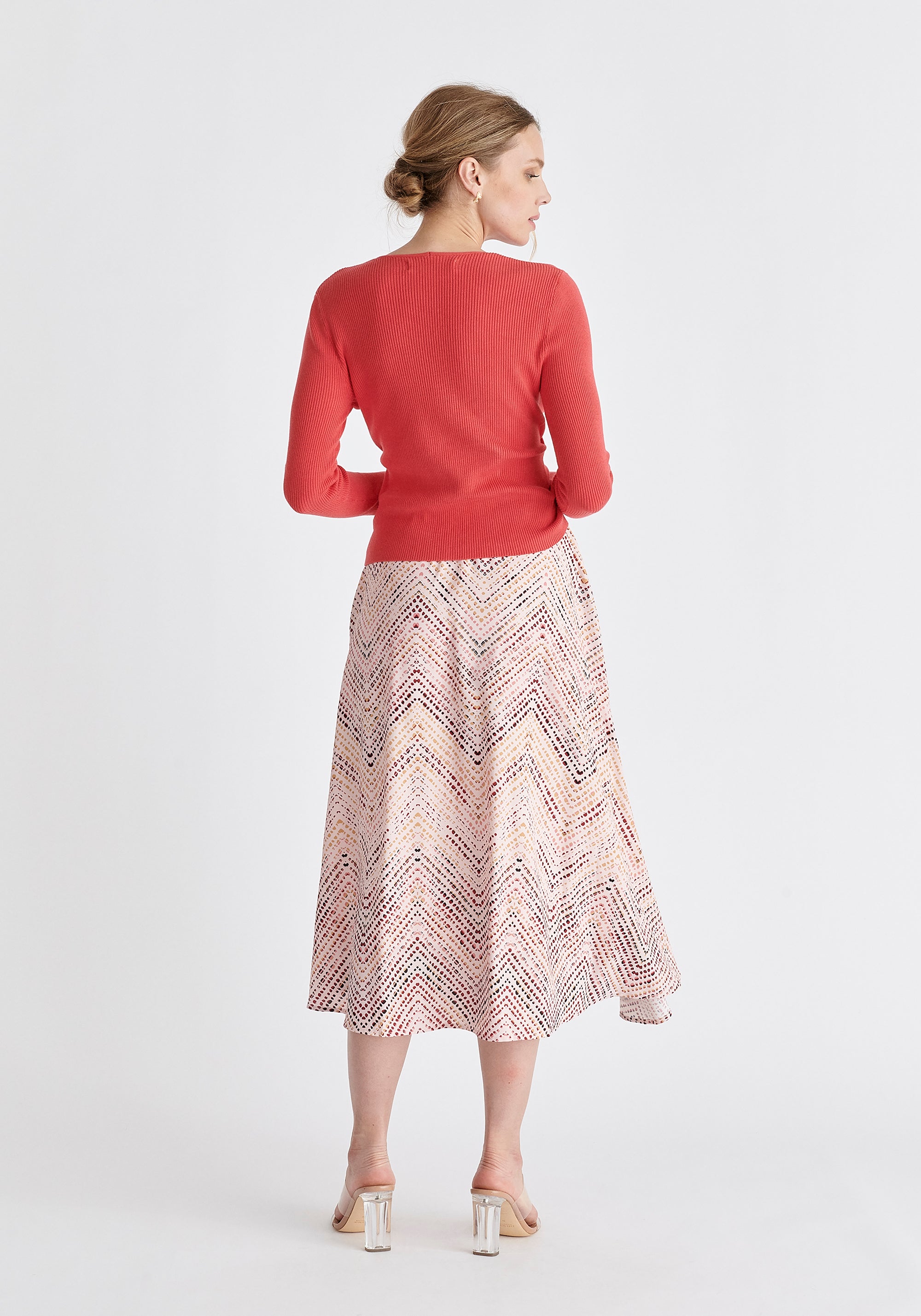Asymmetric Hem Skirt in Pink, Red, Black and Cream Back