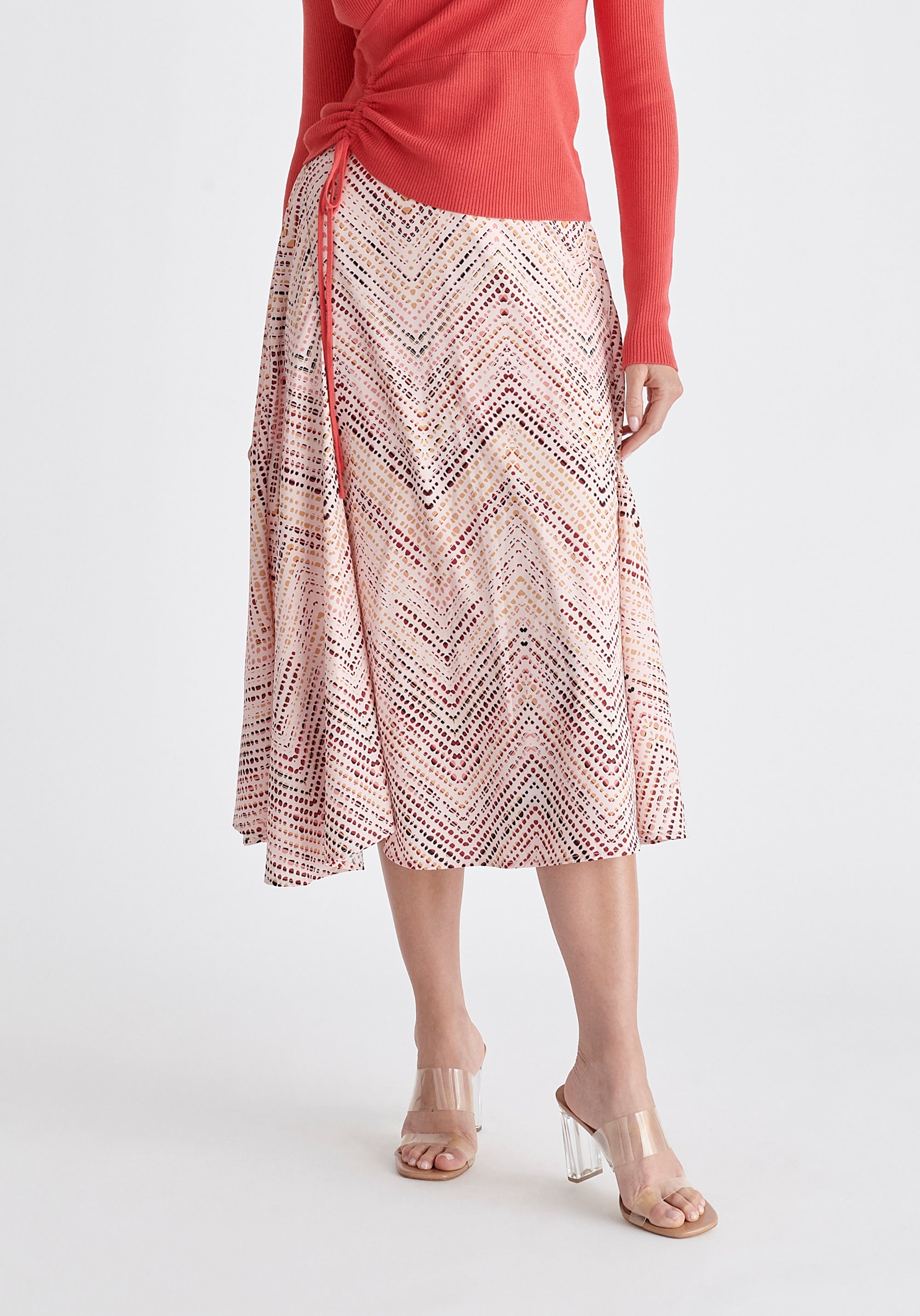 Asymmetric Hem Skirt in Pink, Red, Black and Cream