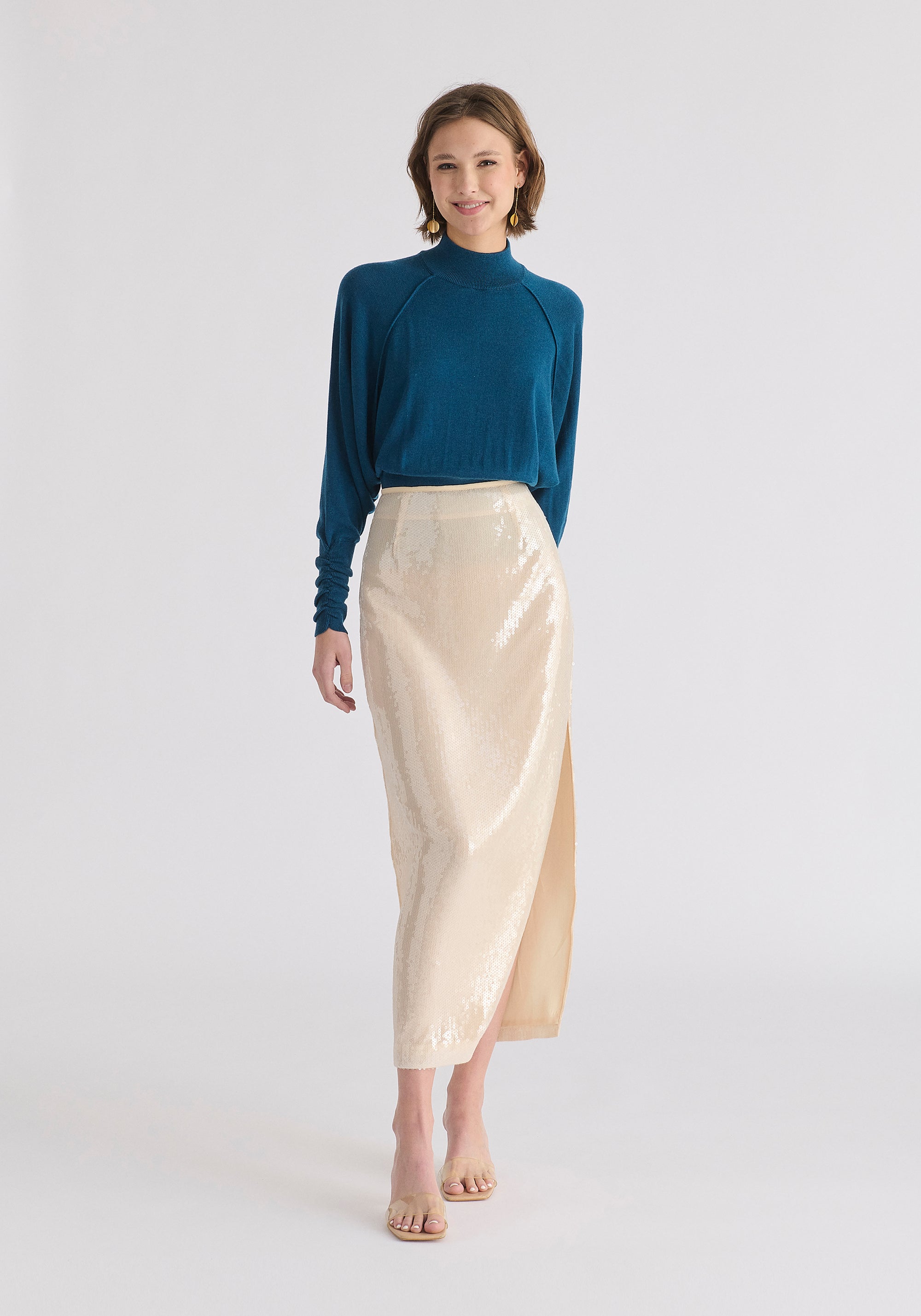 Sequin Midi Skirt with Side Slit in Cream