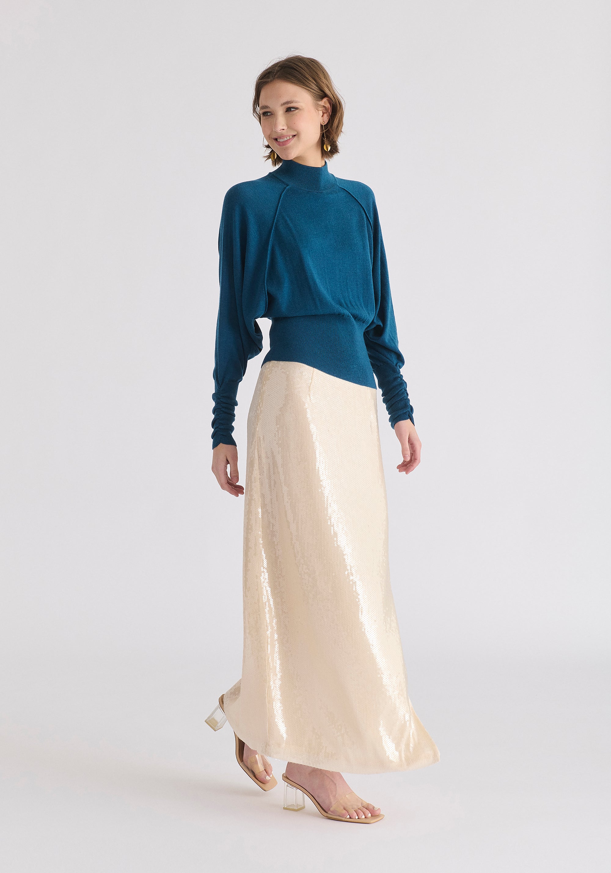 Sequin Midi Skirt with Side Slit in Cream Side