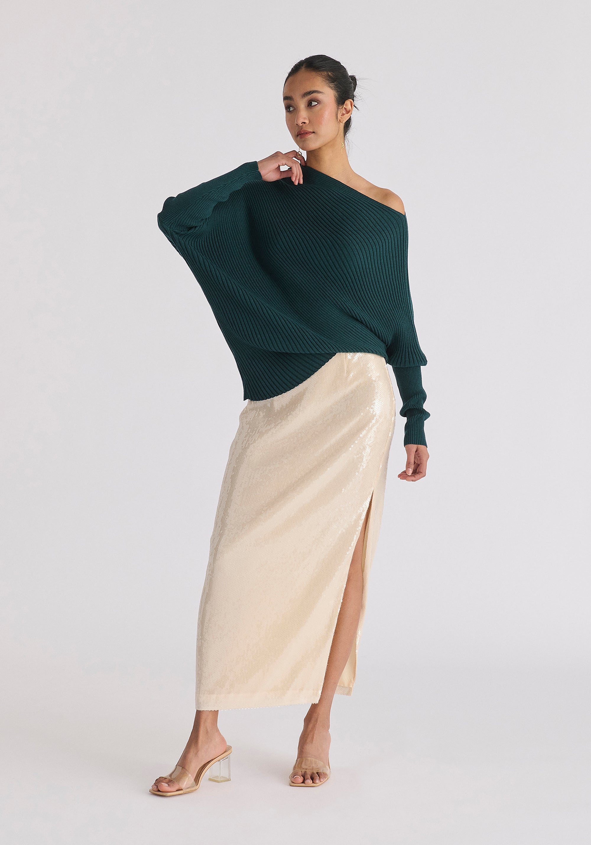 Sequin Midi Skirt with Side Slit in Cream