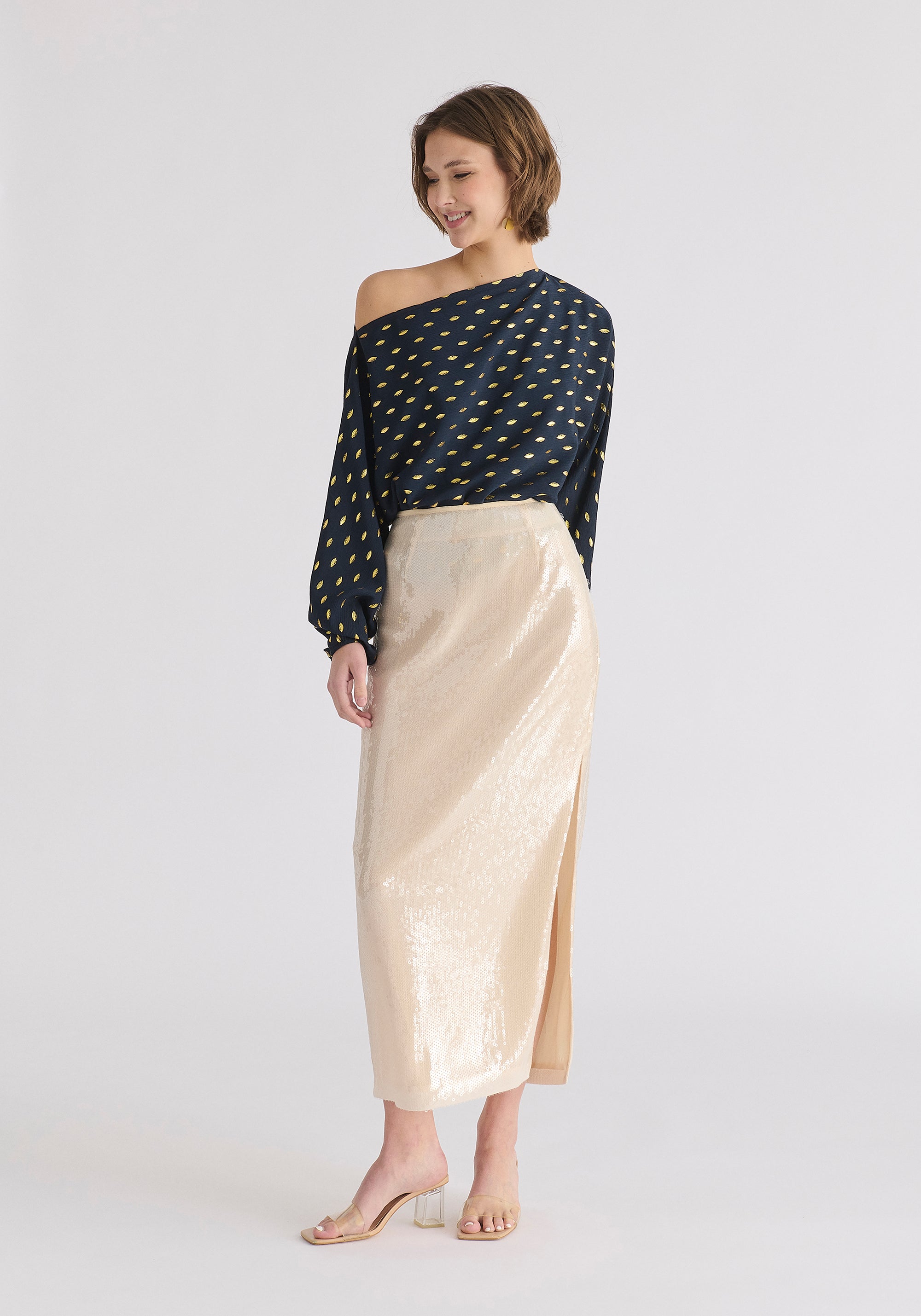 Sequin Midi Skirt with Side Slit in Cream