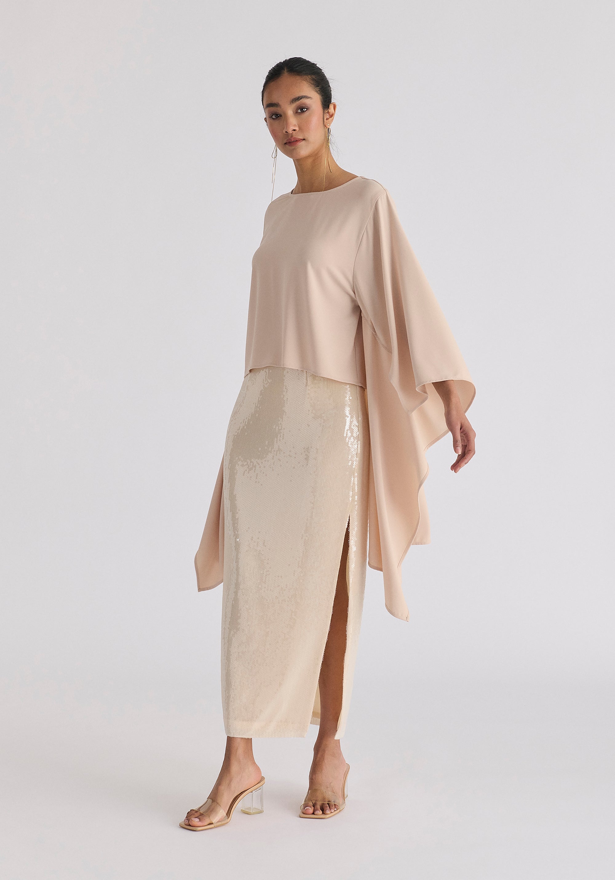 Sequin Midi Skirt with Side Slit in Cream Side
