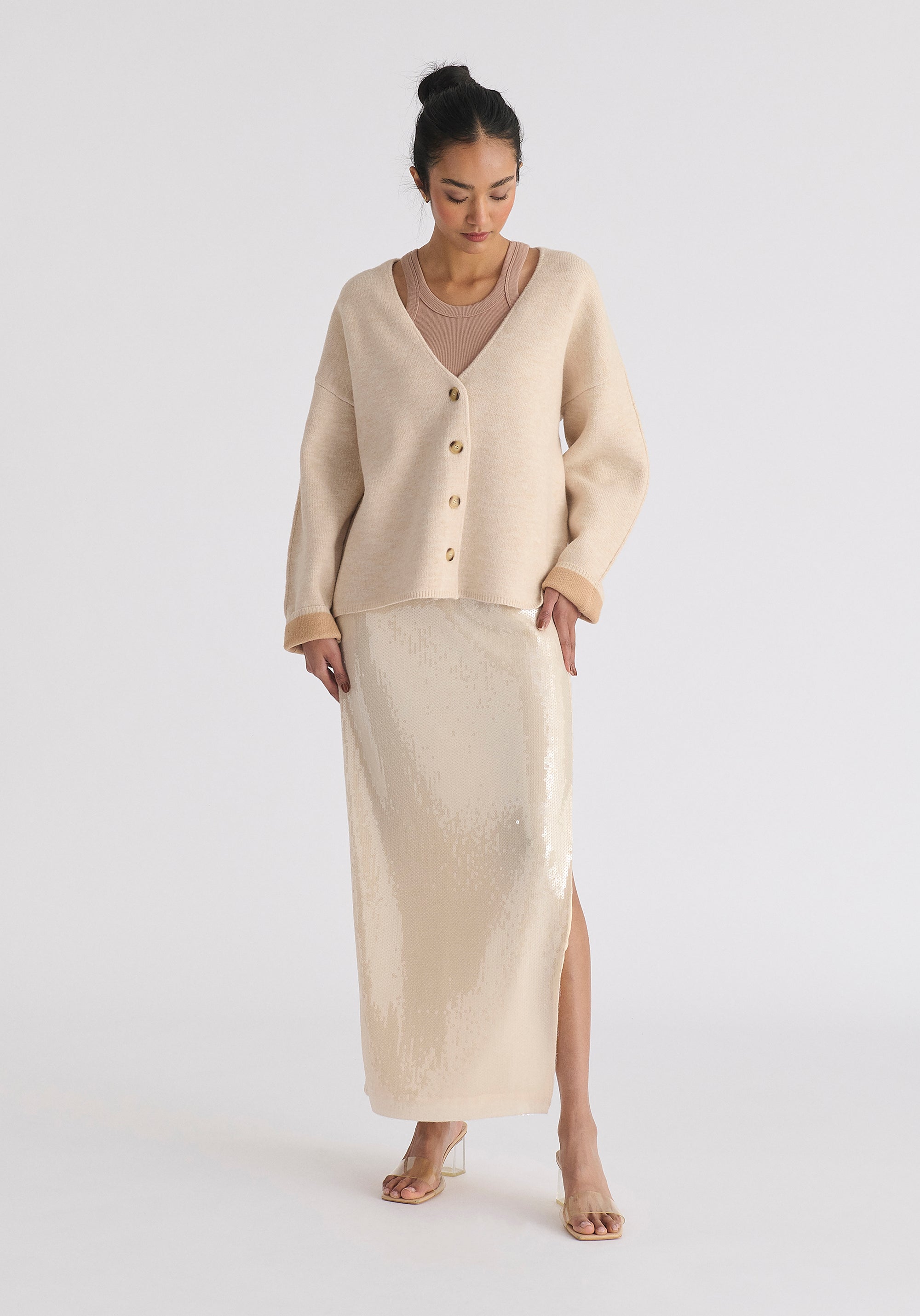 Sequin Midi Skirt with Side Slit in Cream