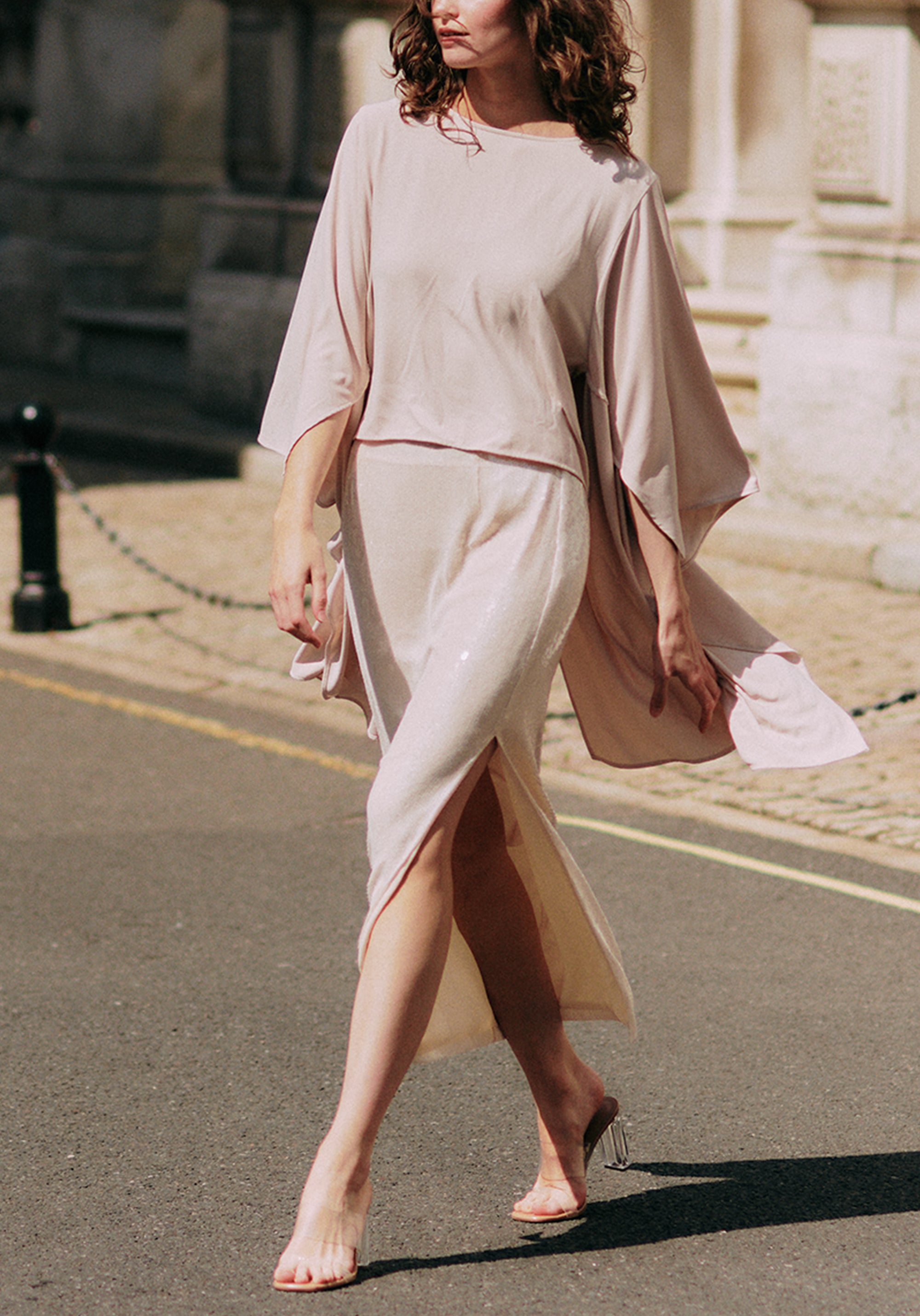Sequin Midi Skirt with Side Slit in Cream 